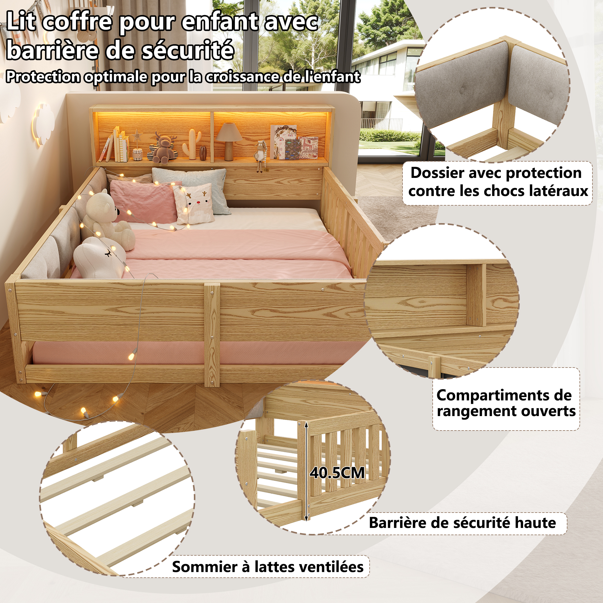 Présentation de Lit enfant 140 x 200 cm avec LED et protection rembourrée, Naturel, sans matelas