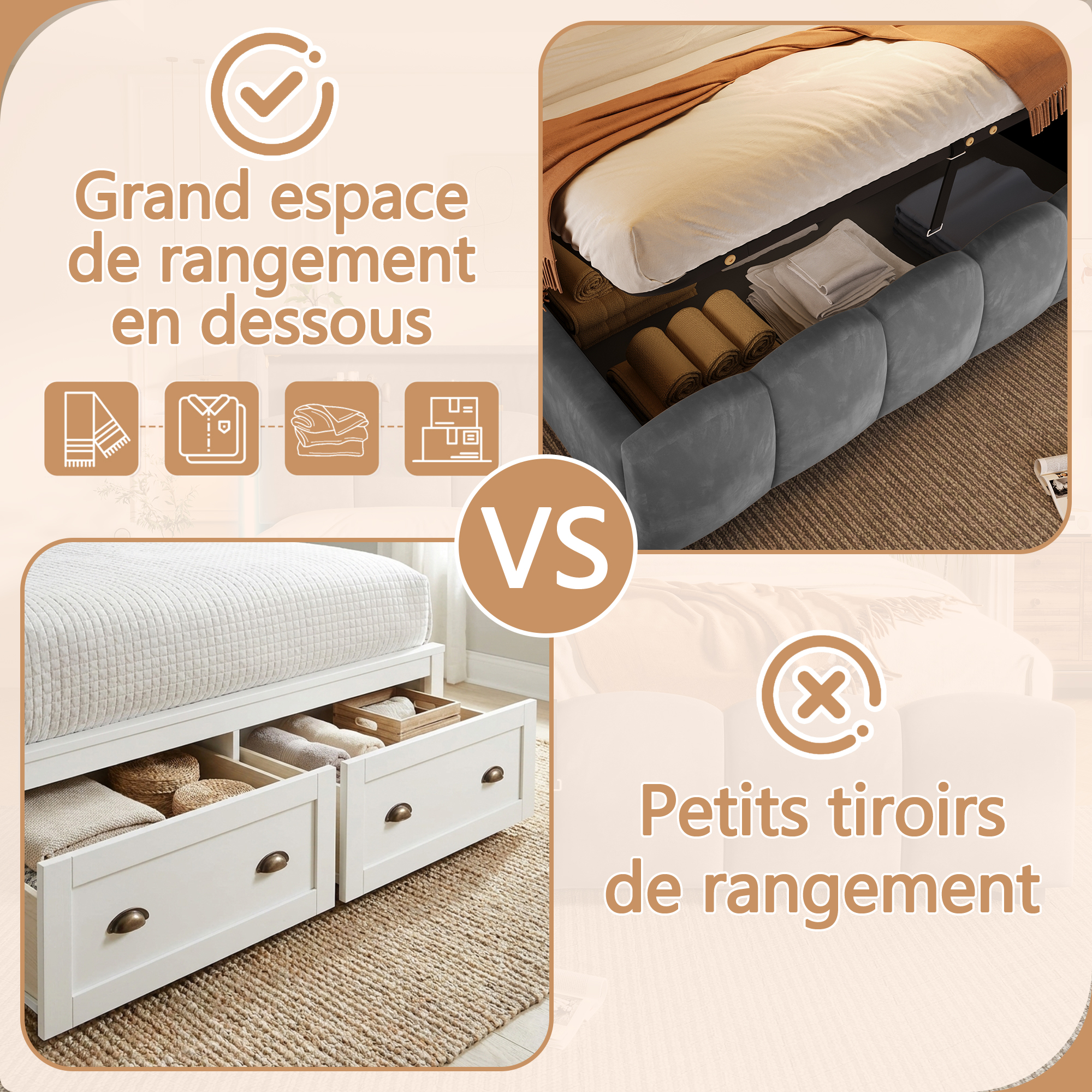 Présentation de Lit coffre rembourré en velours 180 x 200 cm avec rangement hydraulique, LED, ports USB-C et tête de lit avec rangement, Gris, sans matelas