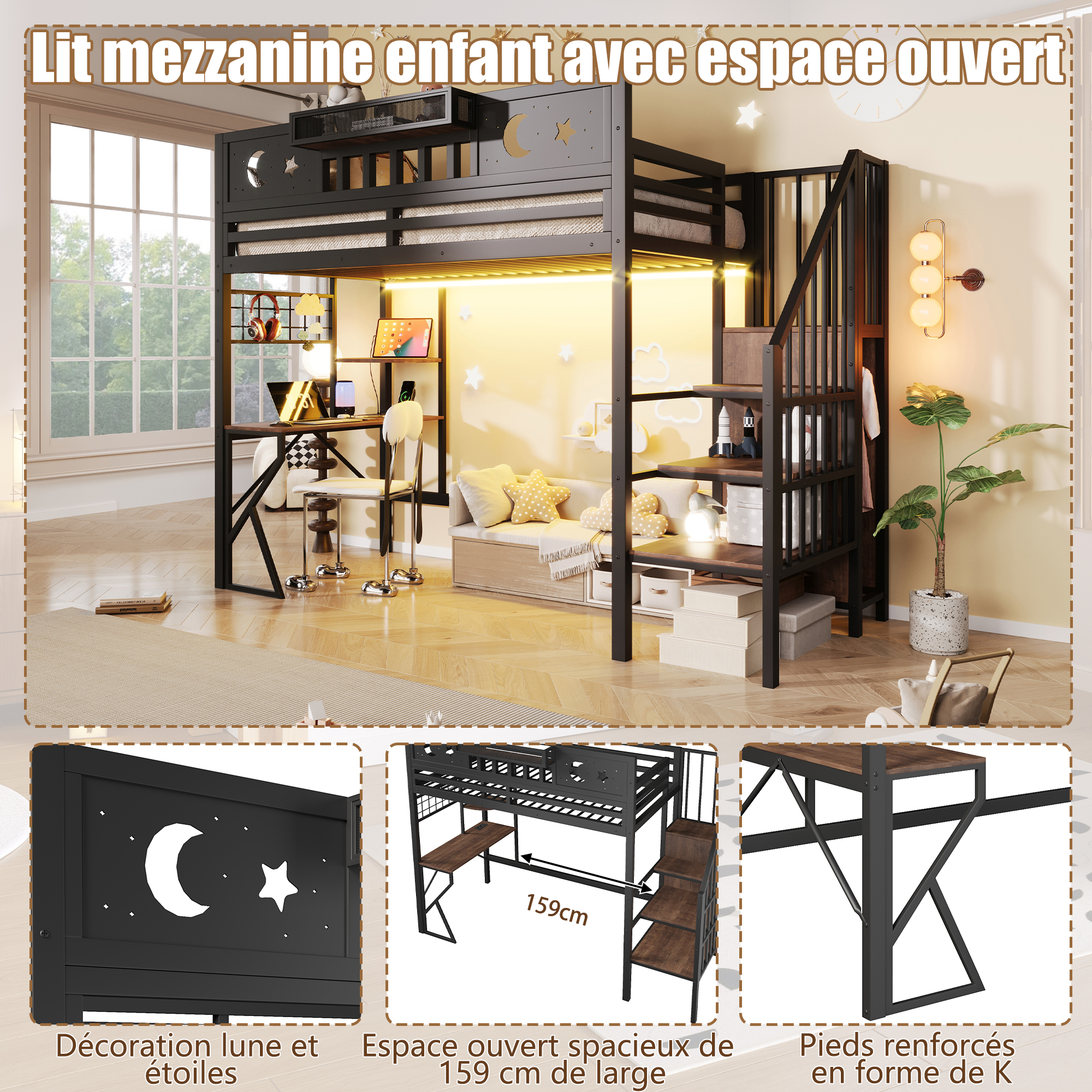 Lit mezzanine 90 x 200 cm, bureau intégré, échelle, éclairage LED au niveau du bureau, prise intégrée, métal et MDF, noir, 255 x 109 x 187 cm - spécifications 1