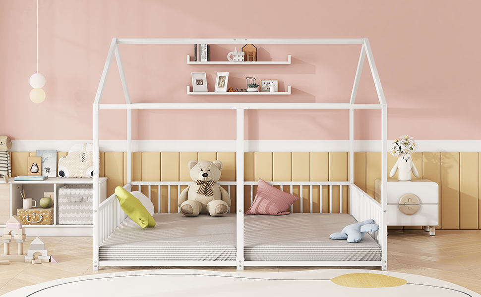 Lit jumeaux enfant en fer 2×90×200 cm en forme de maison, barrières sécurité, pour famille avec 2 enfants, design créatif, indépendance de couchage, stabilité, sécurité, style ludique, décoration - image 17