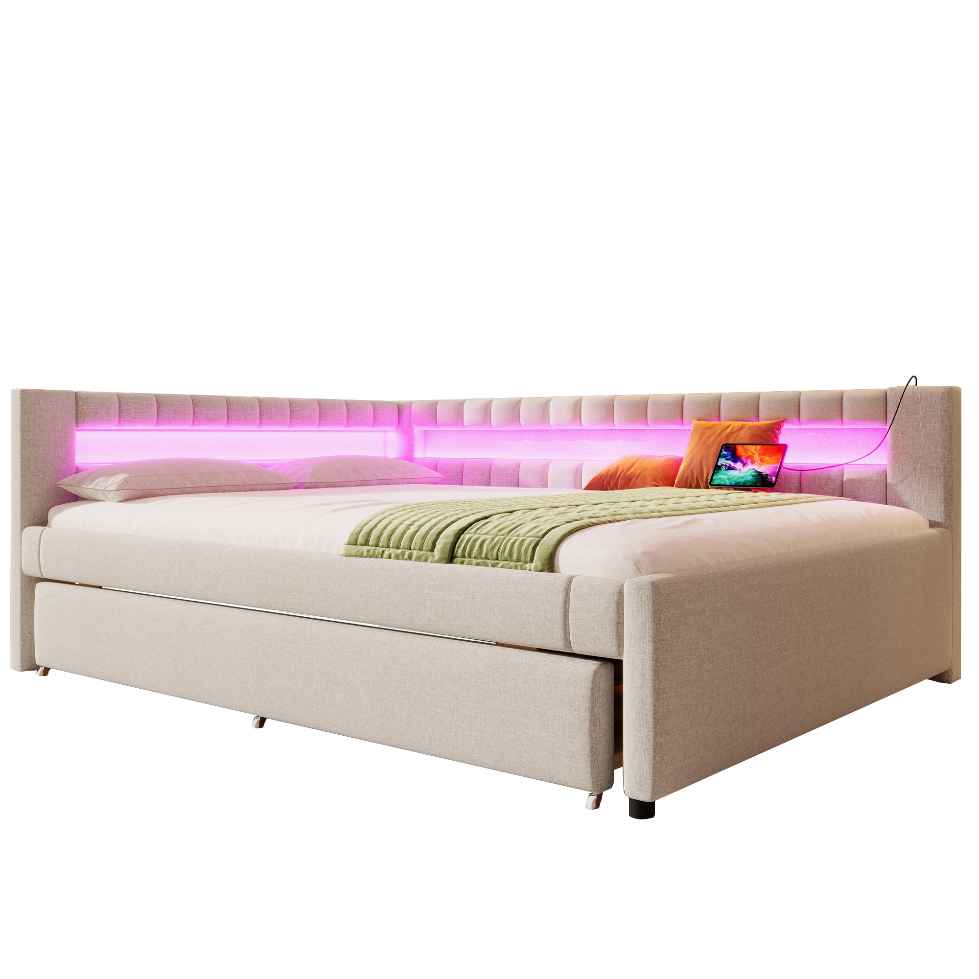 Lit en lin et MDF avec LED contrôlable tactile/app, USB + Type-C, lit escamotable, pour chambre, ambiance romantique, recharge multiple, utilisation flexible, design moderne, confort et technologie, style élégant - image 3