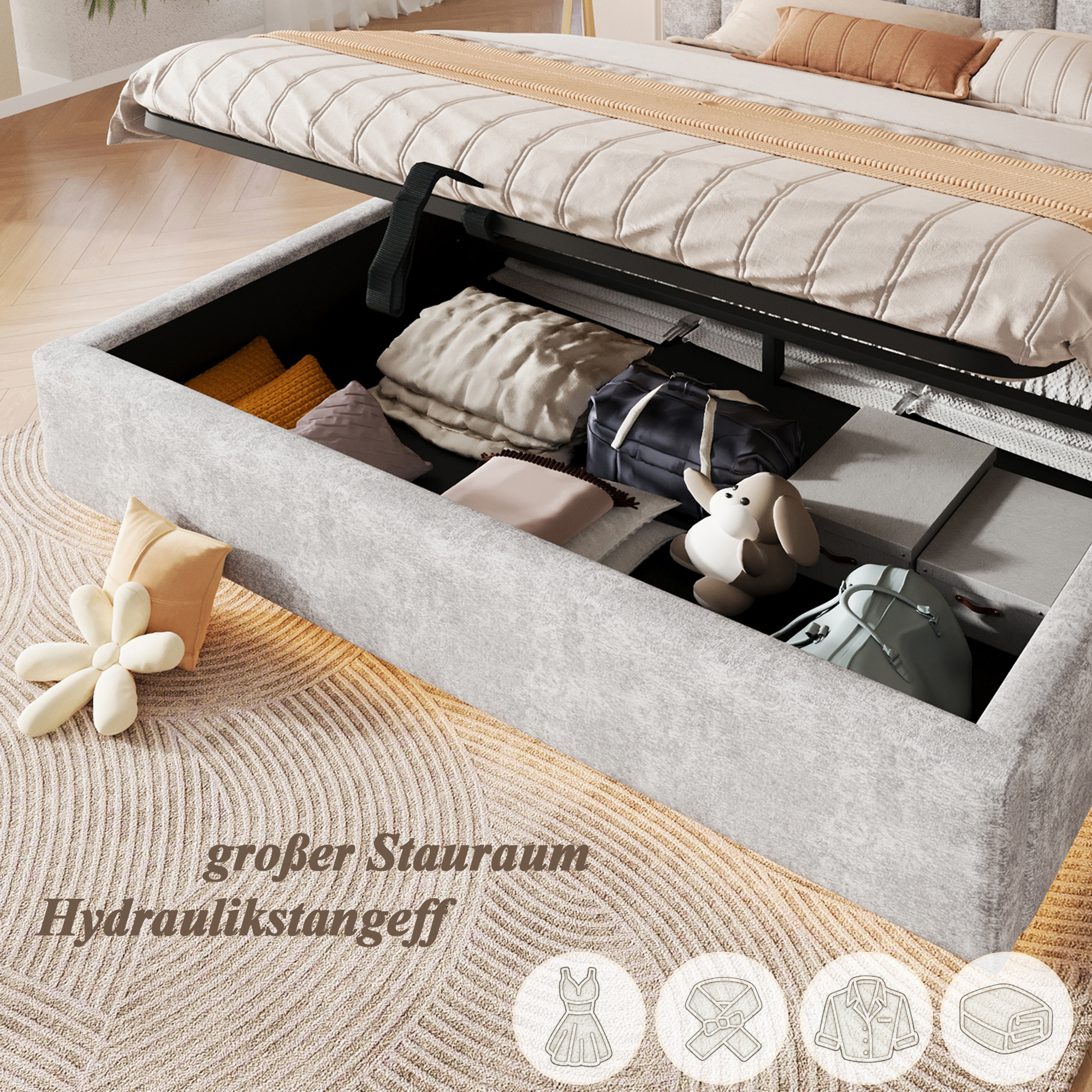 Présentation de Lit coffre rembourré en chenille 180 x 200 cm avec rangement hydraulique, LED et sommier à lattes, Gris, sans matelas