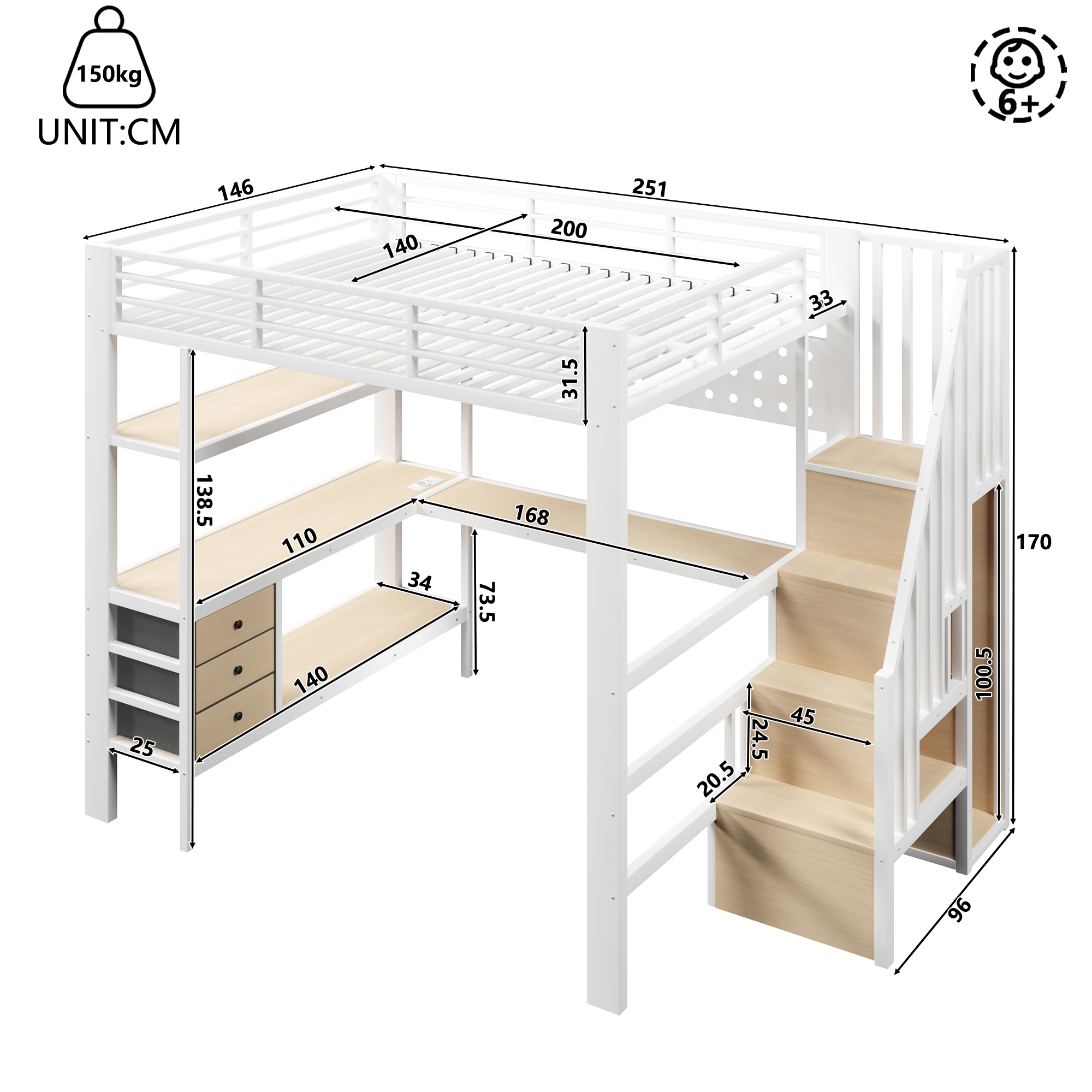 Dimensions lit mezzanine 140x200cm