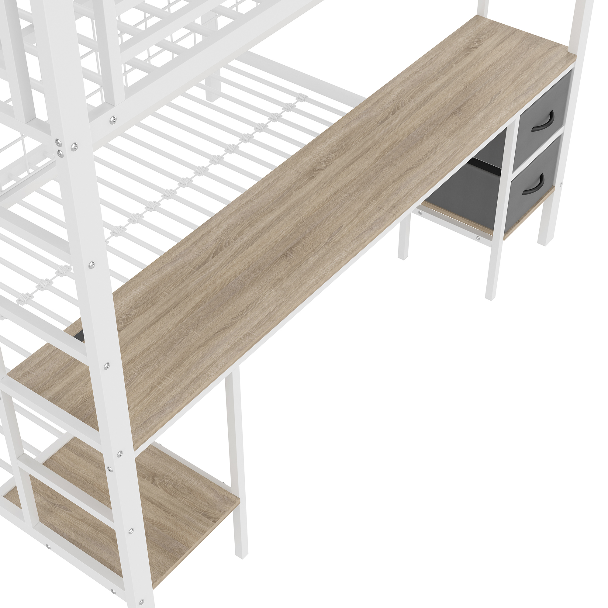 Lit mezzanine fer avec tiroirs, étagères étagées, grille suspendue, pour chambre d'enfant et étude, structure stable, beaucoup de rangement, organisation personnalisée, design fonctionnel, sécurité, durabilité - image 19