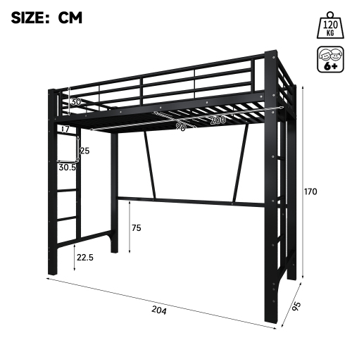 Lit mezzanine 90x200 cm noir - vue d'ensemble