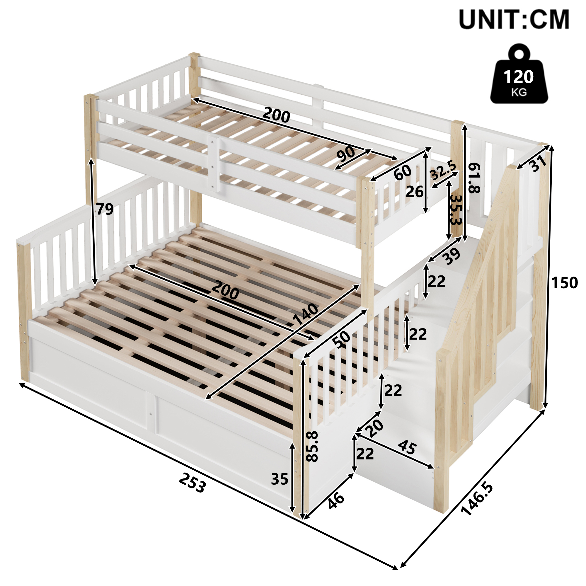Lit superposé 90 x 200 cm + 140 x 200 cm avec rangement hydraulique, escalier de rangement et pin blanc et bois naturel vue détaillée