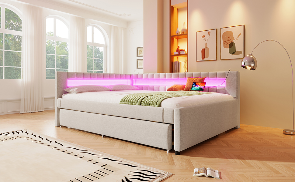Lit en lin et MDF avec LED contrôlable tactile/app, USB + Type-C, lit escamotable, pour chambre, ambiance romantique, recharge multiple, utilisation flexible, design moderne, confort et technologie, style élégant - image 13