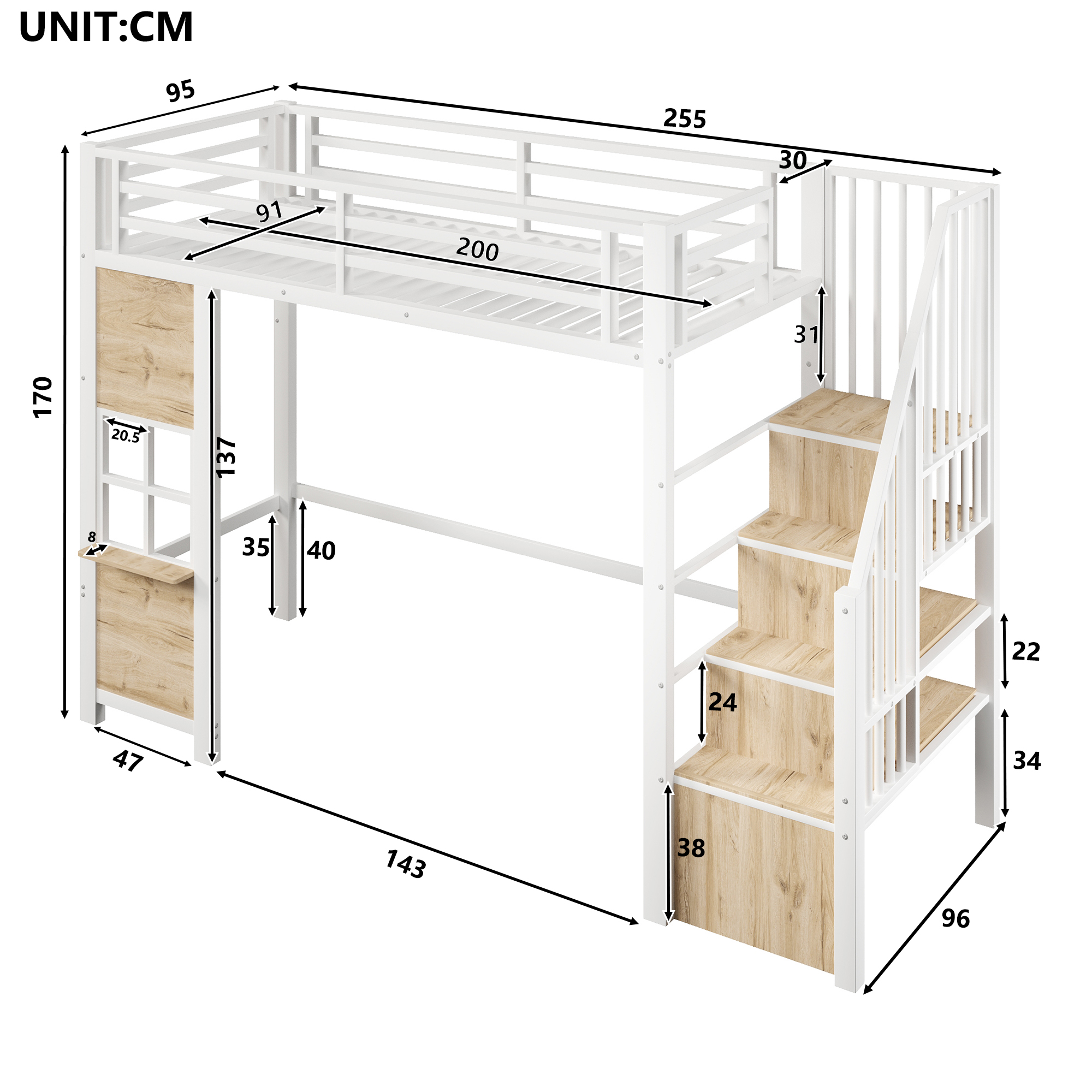 Dimensions et fonctions de Lit mezzanine en métal 90 x 200 cm avec escalier avec rangements, espace inférieur ouvert et barrières de sécurité, Blanc, sans matelas