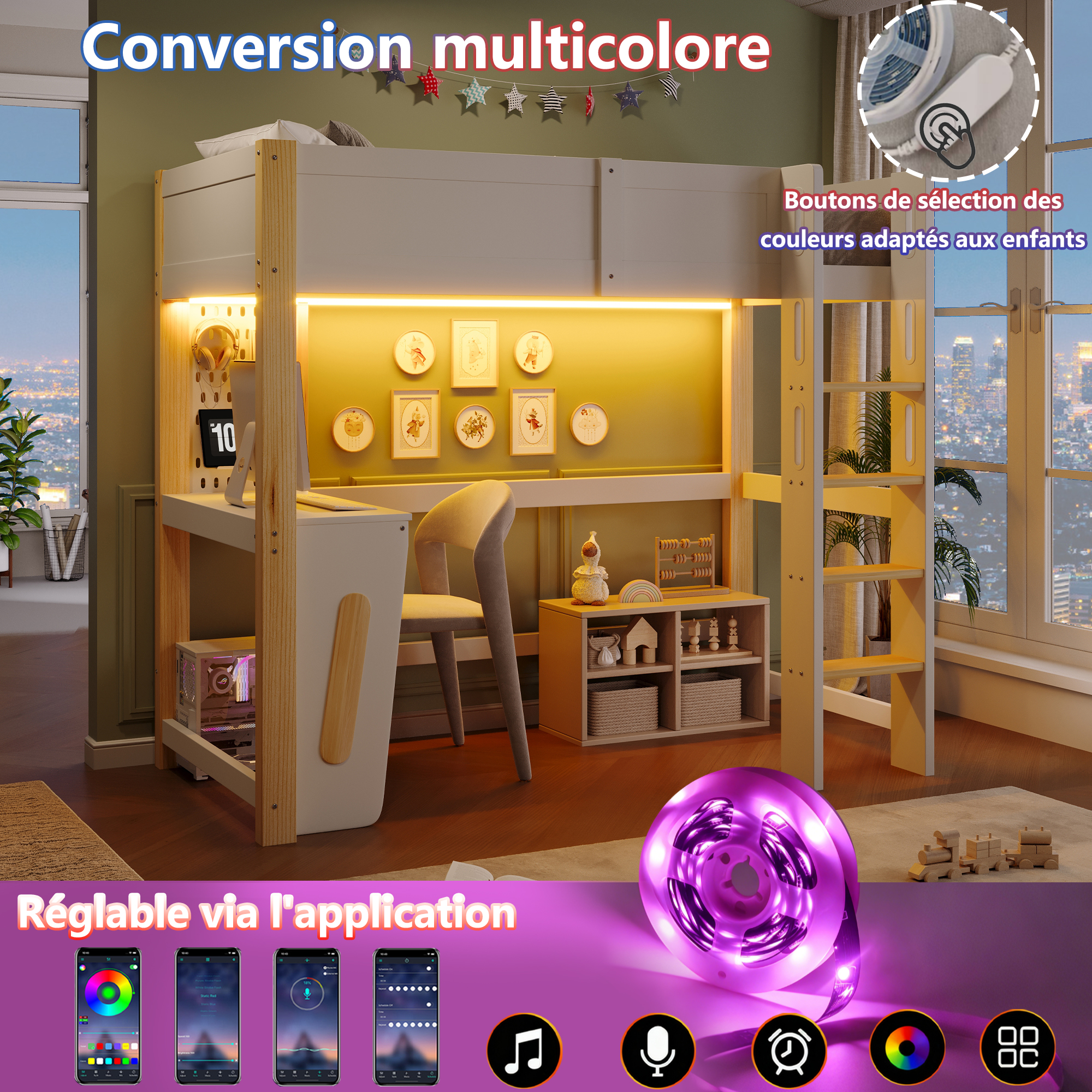 Lit mezzanine 90 x 200 cm avec bureau, LED, MDF et pin, Bois naturel - vue complémentaire