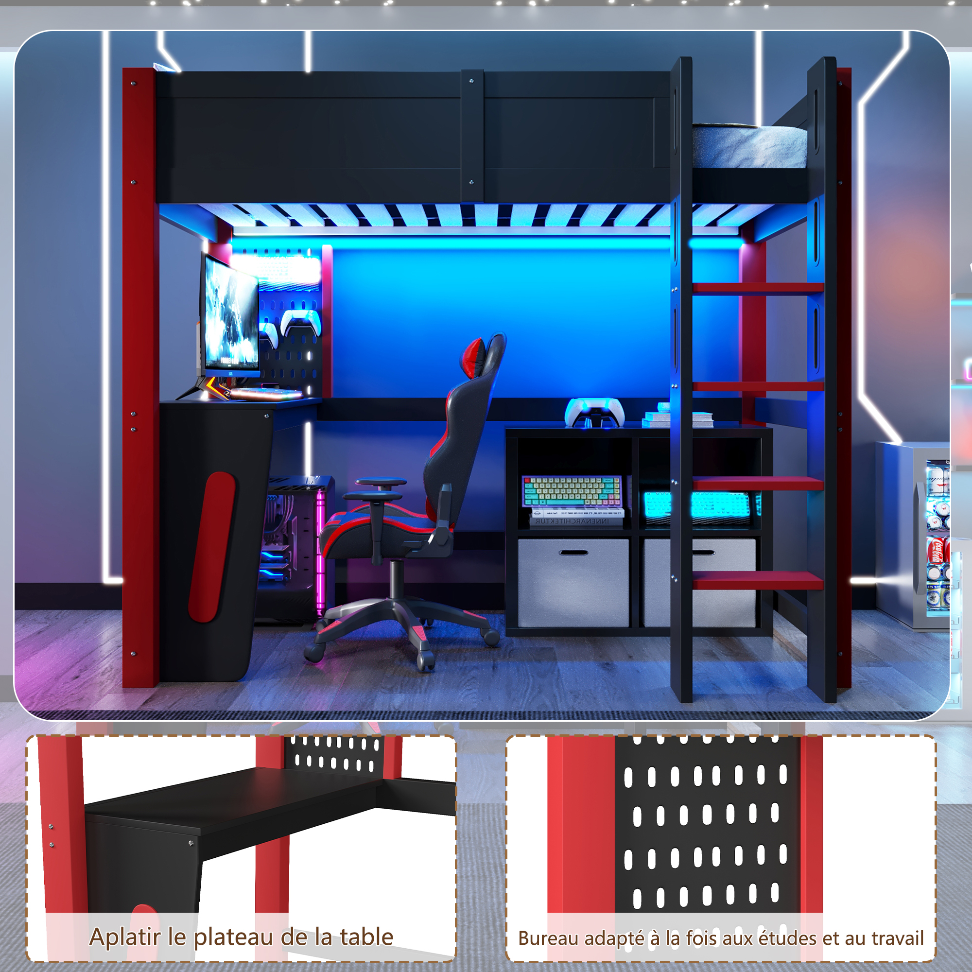 Lit mezzanine 90 x 200 cm avec bureau, LED, MDF et pin, Noir - dimensions et détails