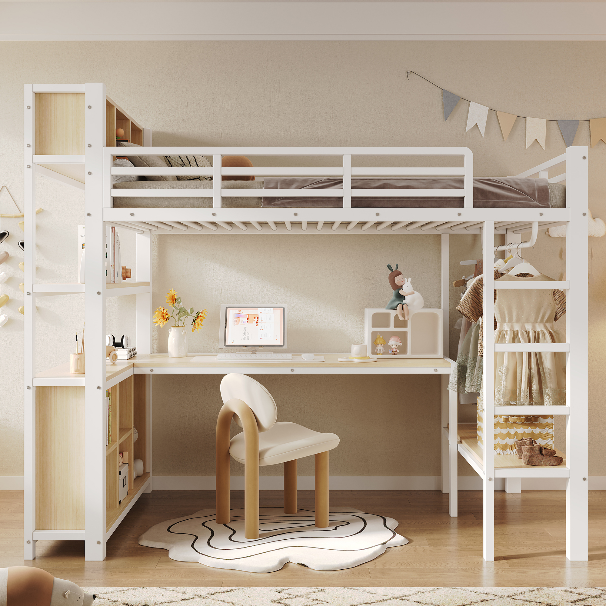 Lit mezzanine en métal 90 x 200 cm avec bureau, penderie, rangements et espace inférieur ouvert, Blanc, sans matelas