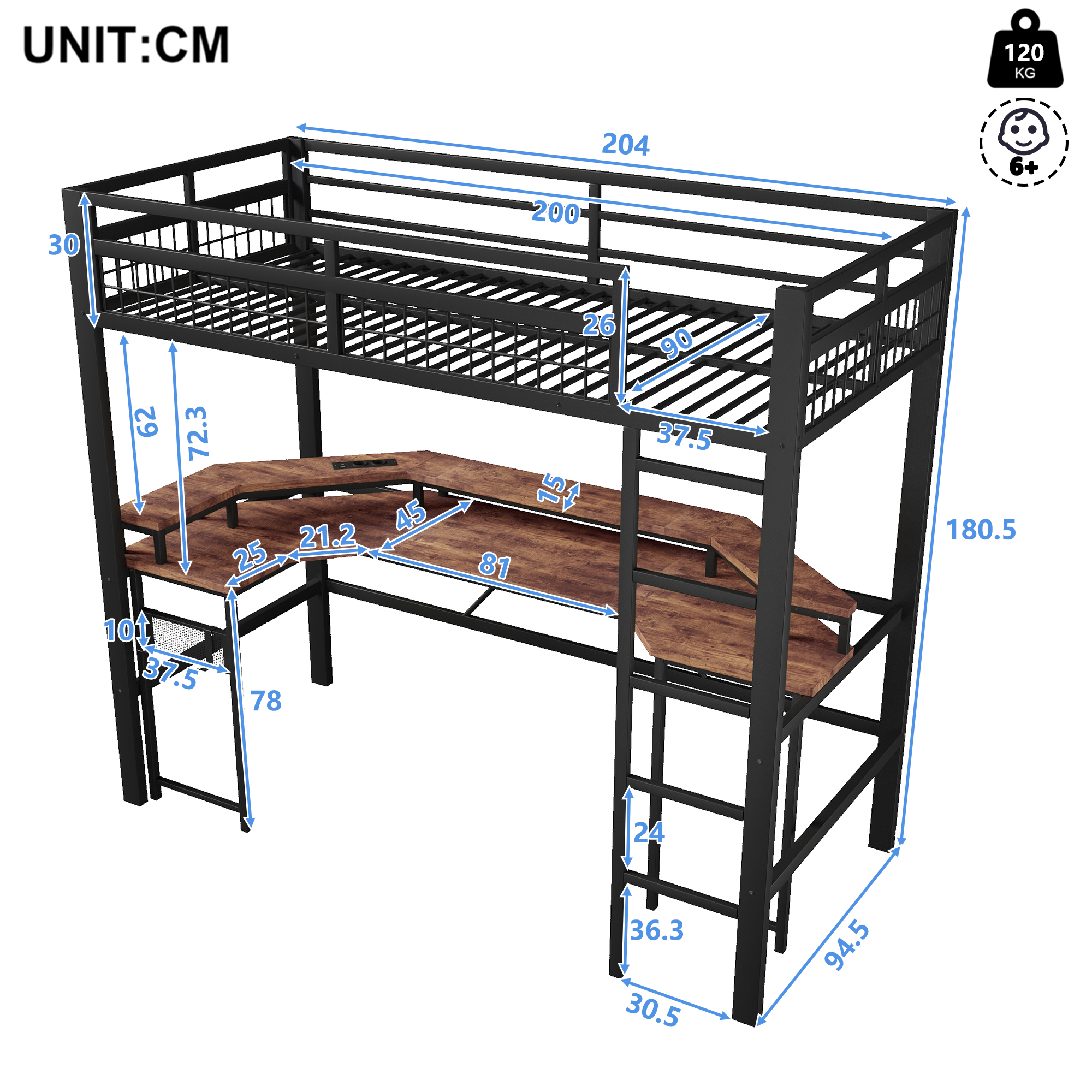 Schéma dimensions lit mezzanine