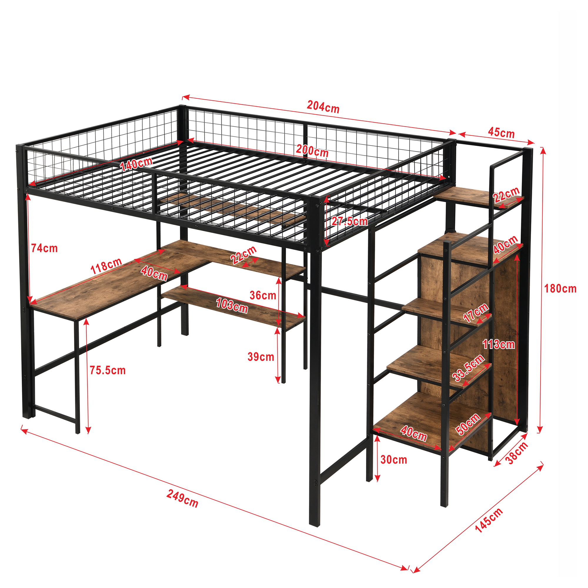 Schéma dimensions lit mezzanine LOFT