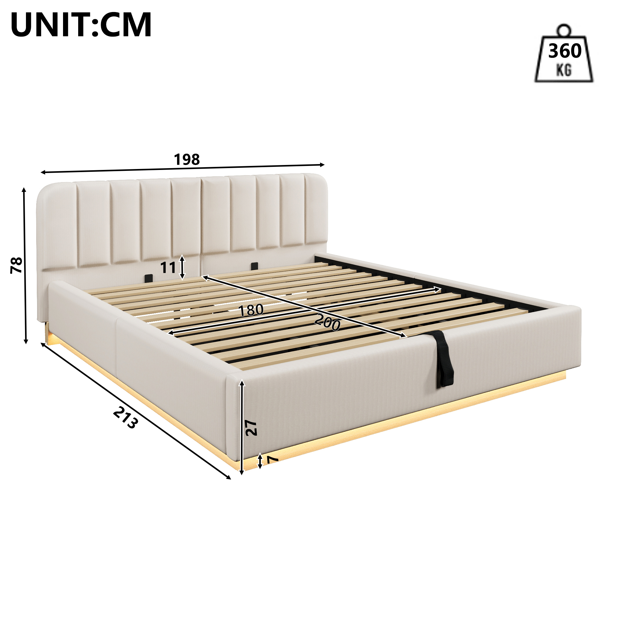 Dimensions et fonctions de Lit coffre rembourré en chenille 180 x 200 cm avec rangement hydraulique, LED et sommier à lattes, Beige, sans matelas