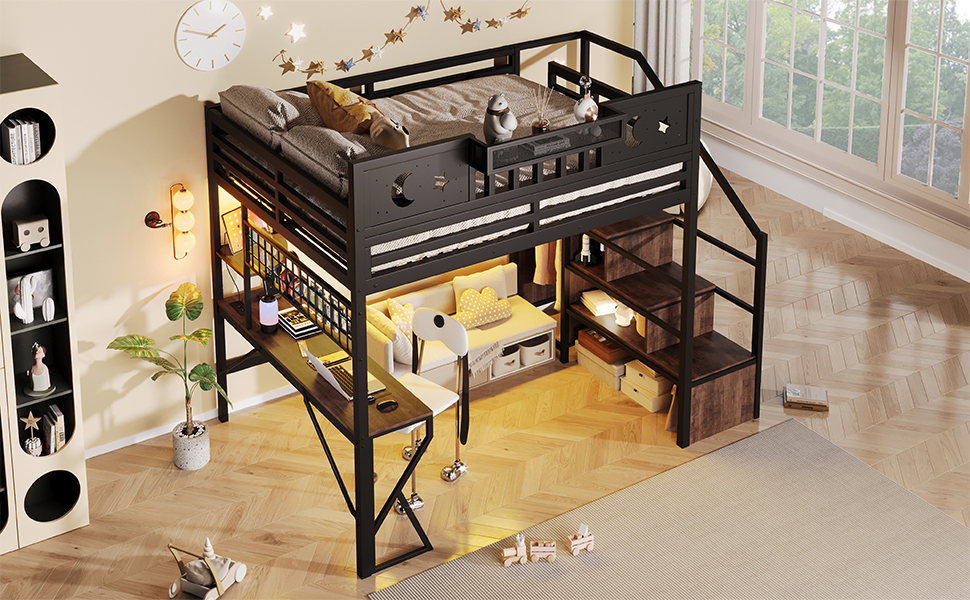 Lit mezzanine 140x200 cm avec bureau intégré et rangements