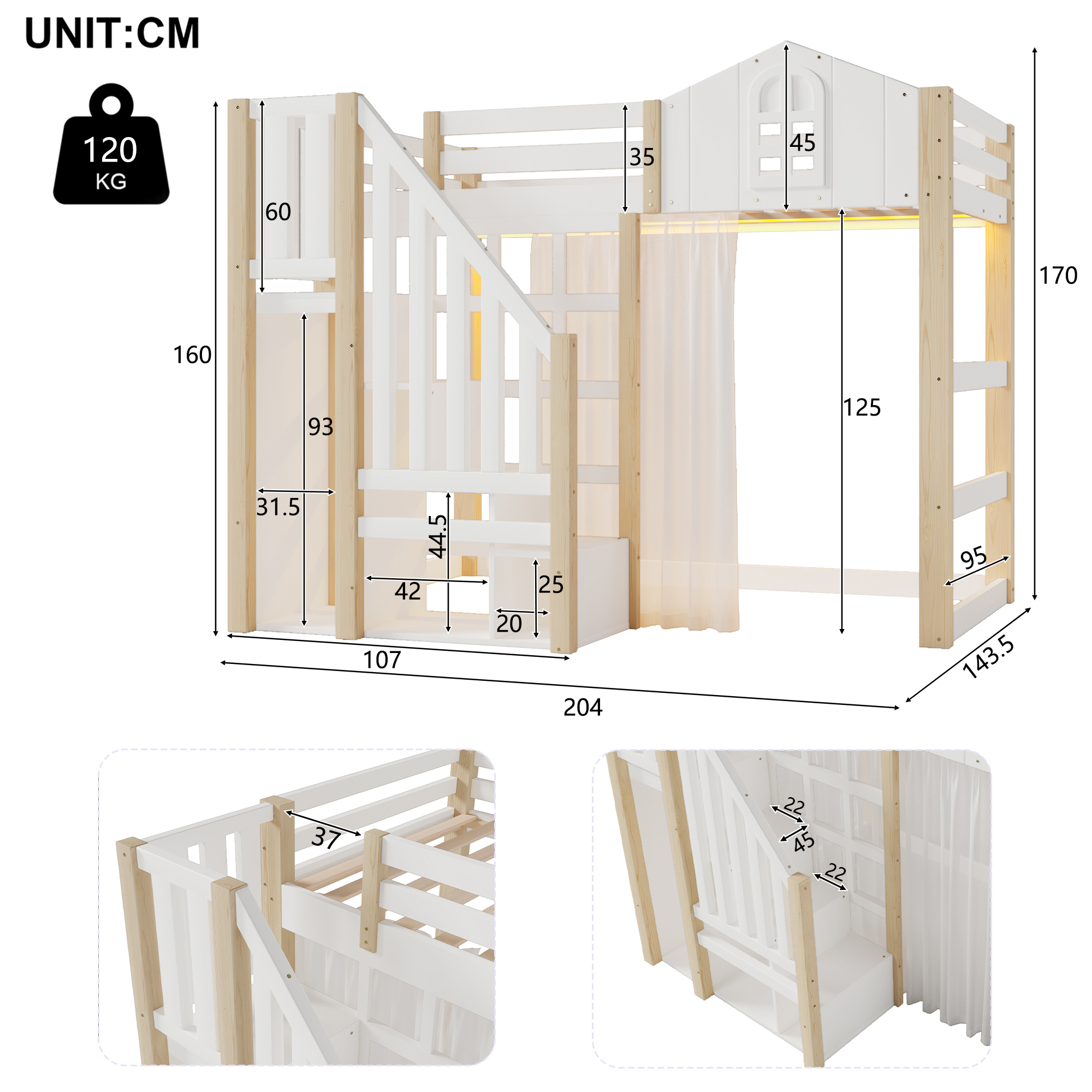 Schéma dimensions lit mezzanine enfant