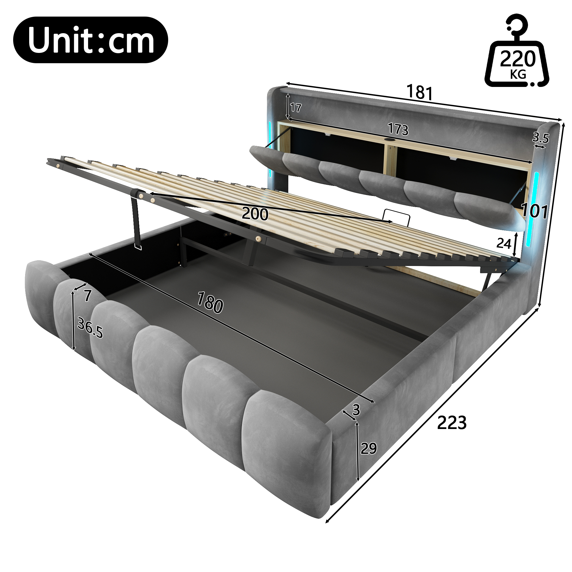 Dimensions et fonctions de Lit coffre rembourré en velours 180 x 200 cm avec rangement hydraulique, LED, ports USB-C et tête de lit avec rangement, Gris, sans matelas