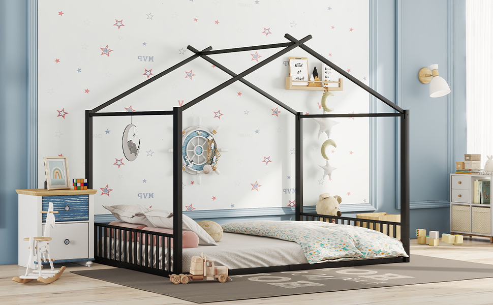 Lit mezzanine enfant en métal en forme de maison noir, pour chambre d'enfant, design unique, espace de jeu, style moderne, facile montage, stabilité, sécurité, utilisation polyvalente, décoration - image 17