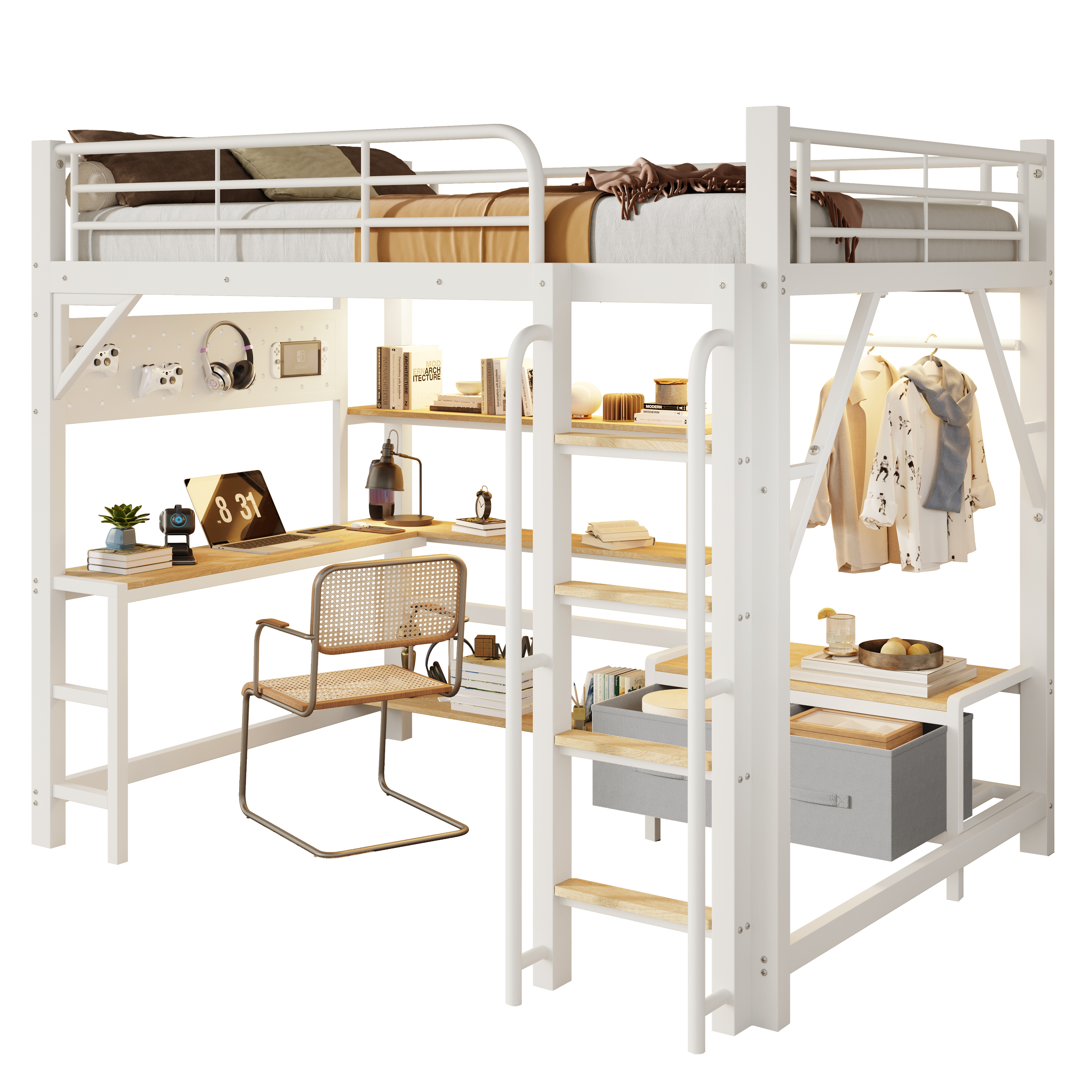 Lit mezzanine 140 x 200 cm avec éclairage LED, port USB / Type-C, prises intégrées, rangements intégrés, bureau intégré, blanc - points forts 1