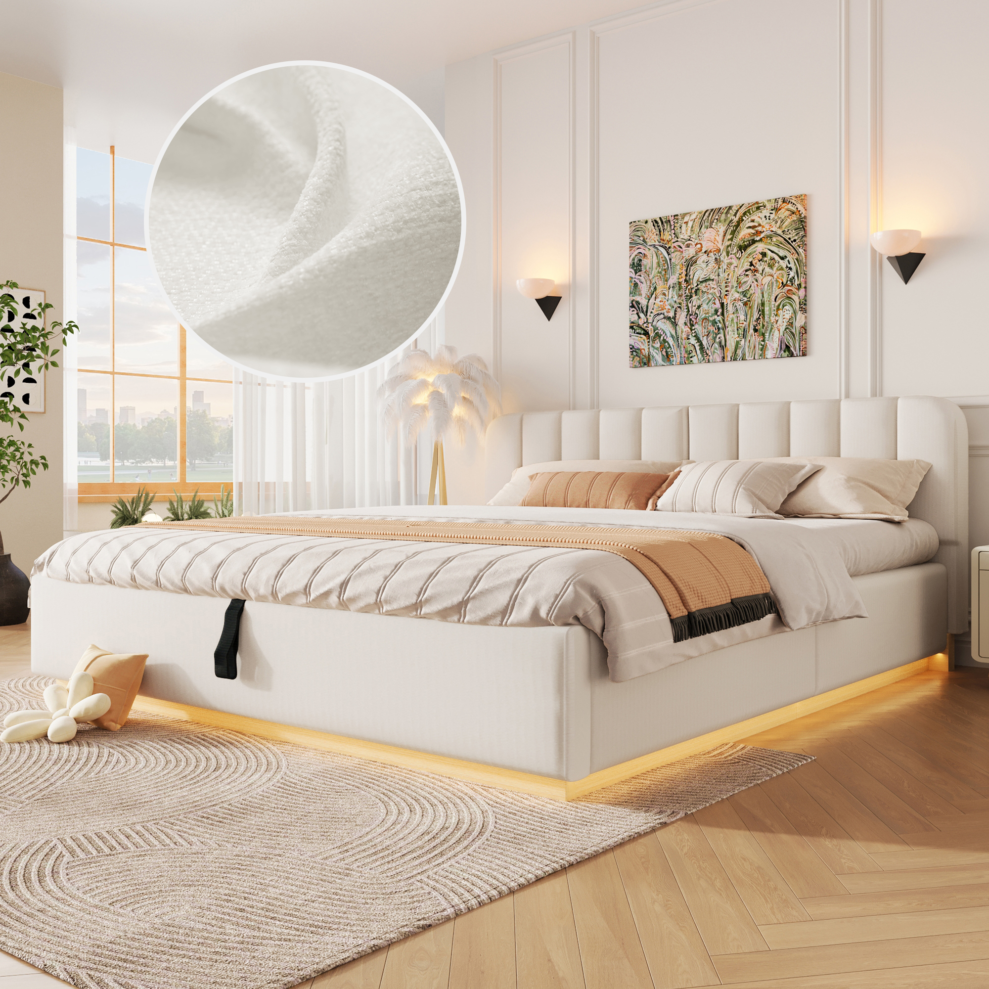 Lit coffre rembourré en chenille 180 x 200 cm avec rangement hydraulique, LED et sommier à lattes, Beige, sans matelas