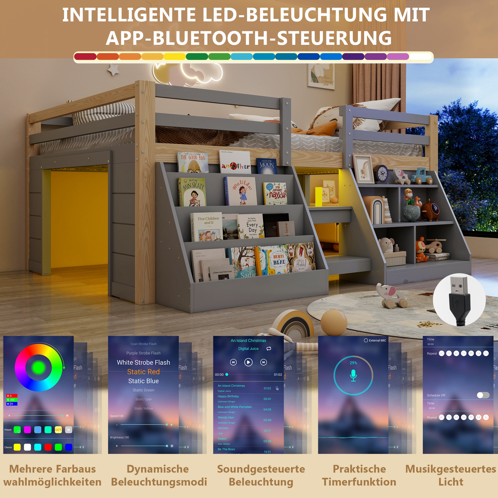 Lit mi-hauteur gris et bois naturel avec éclairage LED multicolore, commande Bluetooth par application et minuterie