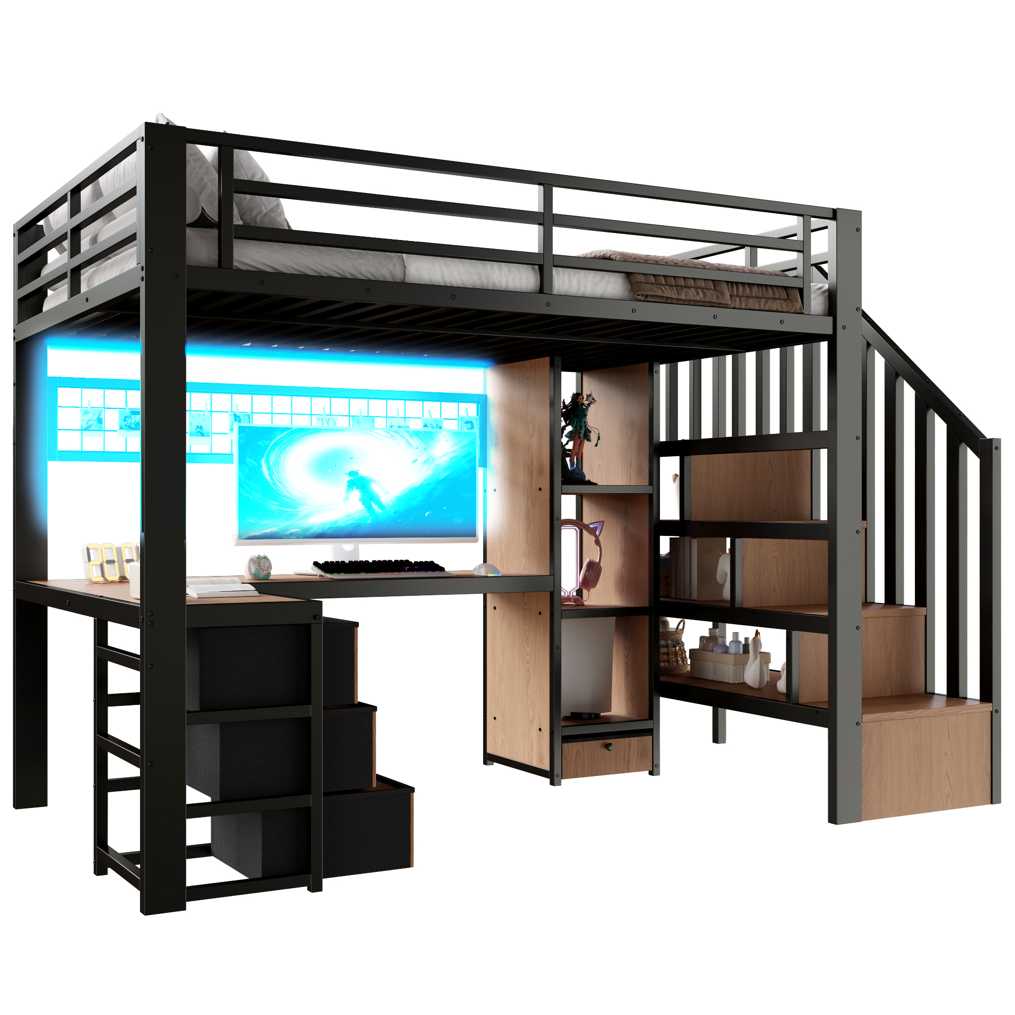 Lit mezzanine 90x200 cm avec rangement, bureau, LED métal, MDF noir - spécifications 1