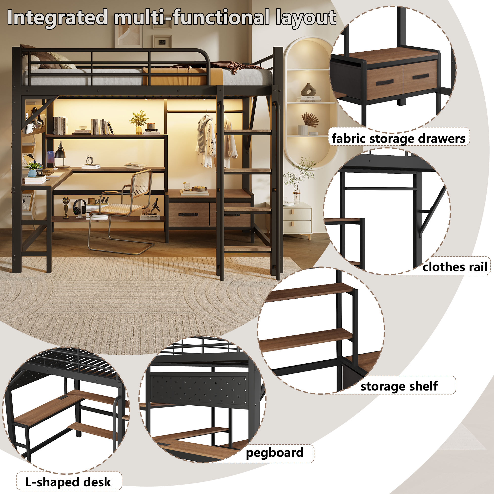 Lit mezzanine 140 x 200 cm avec éclairage LED, port USB / Type-C, prises intégrées, rangements intégrés, bureau intégré, noir - spécifications 1