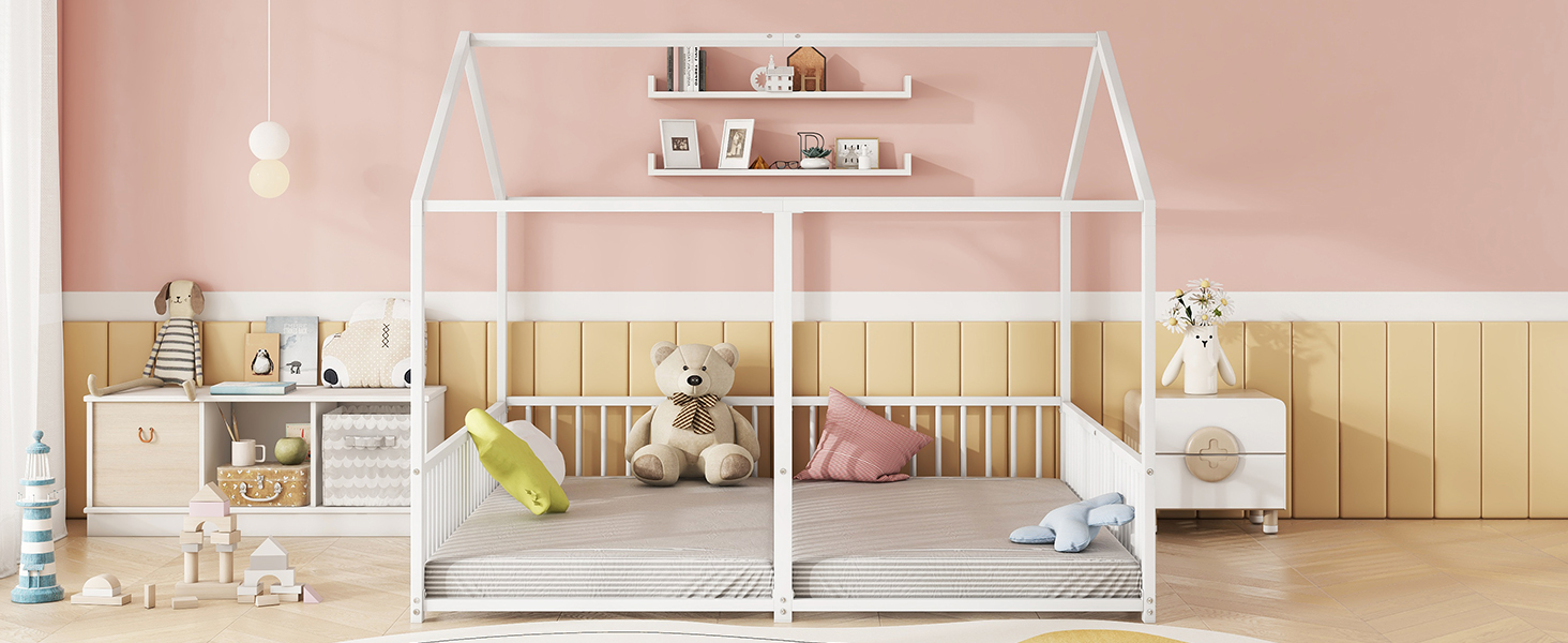 Lit jumeaux enfant en fer 2×90×200 cm en forme de maison, barrières sécurité, pour famille avec 2 enfants, design créatif, indépendance de couchage, stabilité, sécurité, style ludique, décoration - image 21
