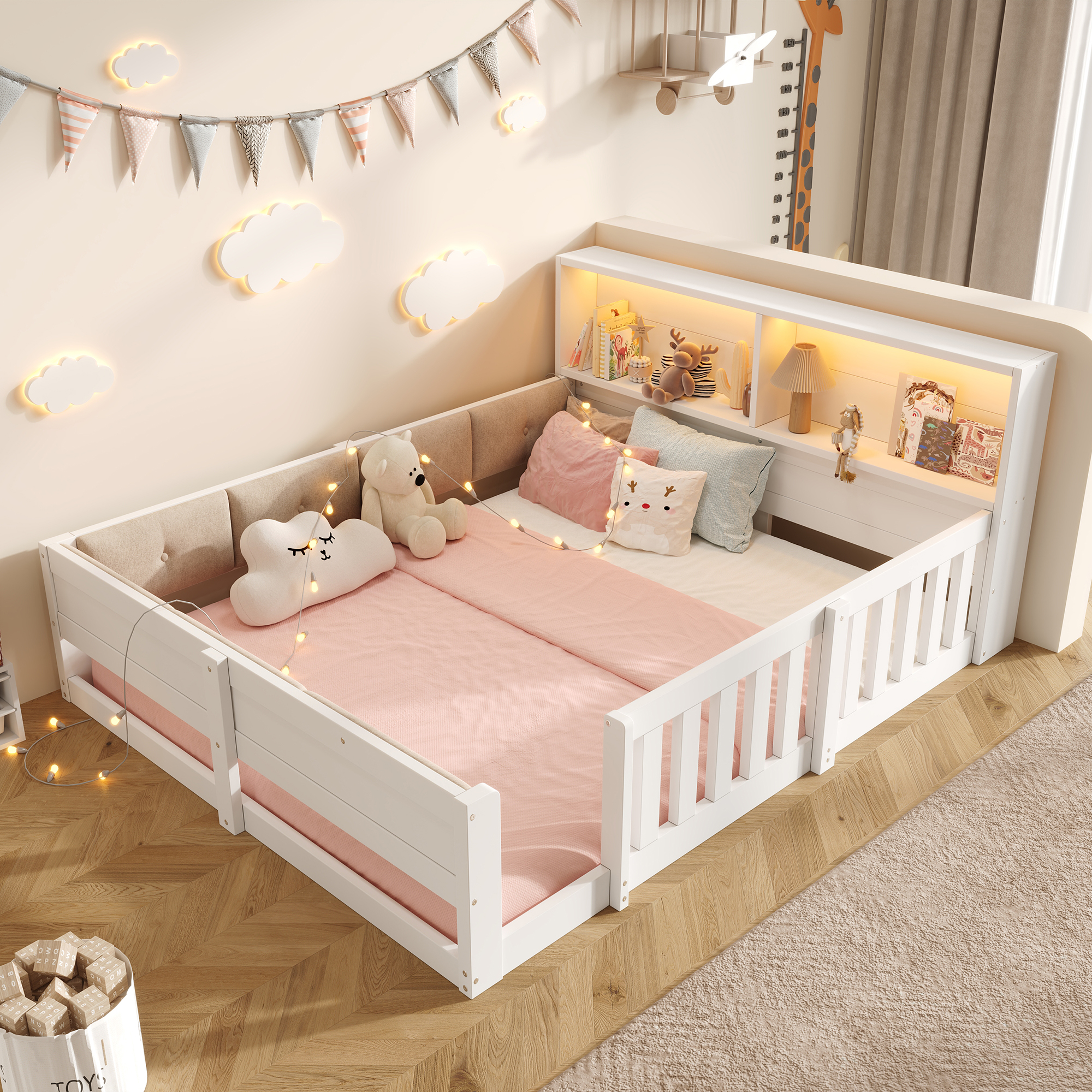 Lit enfant 140 x 200 cm avec LED et protection rembourrée, Blanc, sans matelas