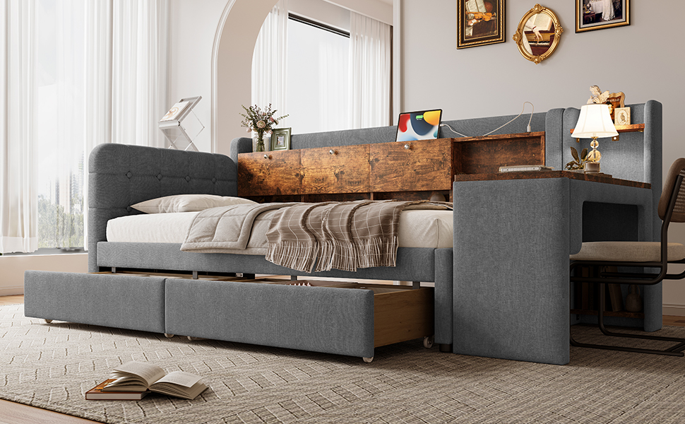 Lit en chanvre et MDF, rangement avec couvercle rabattable et étagère, bureau flexible, pour chambre, matériau écologique respirant, design intelligent, beaucoup de stockage, style naturel, durabilité - image 13