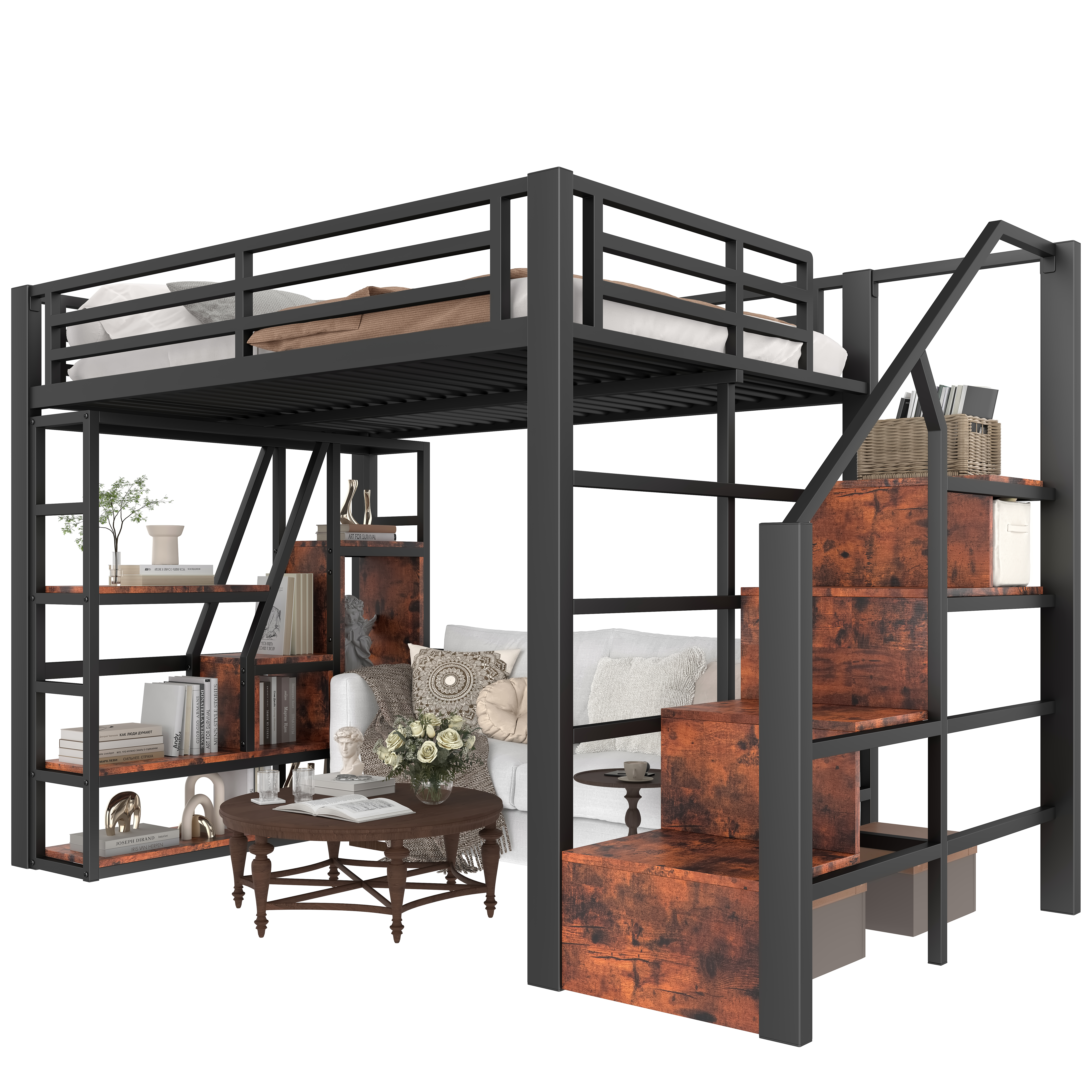 Lit mezzanine 140 x 200 cm avec éclairage LED, rangements intégrés, noir - points forts 1