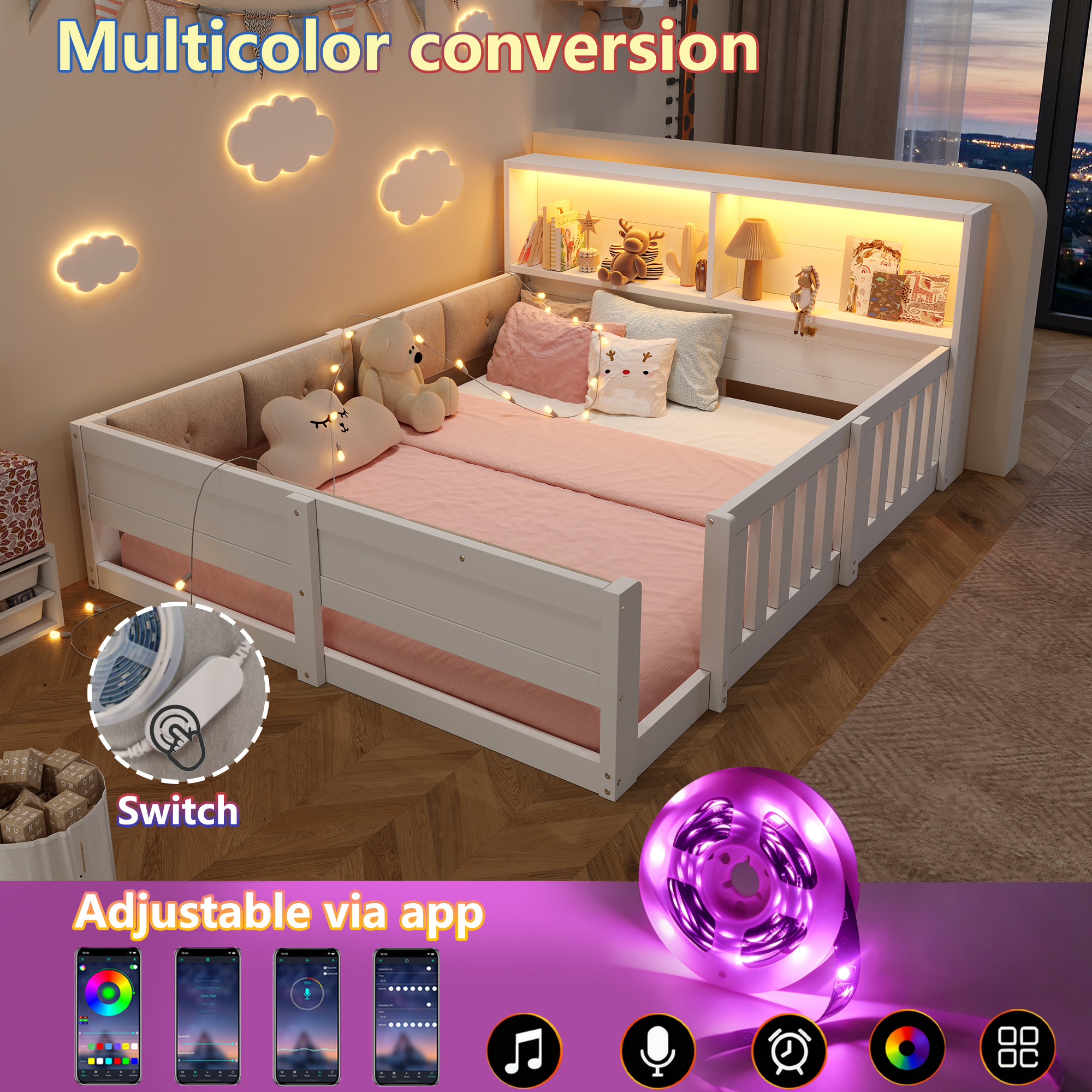 Présentation de Lit enfant 140 x 200 cm avec LED et protection rembourrée, Blanc, sans matelas