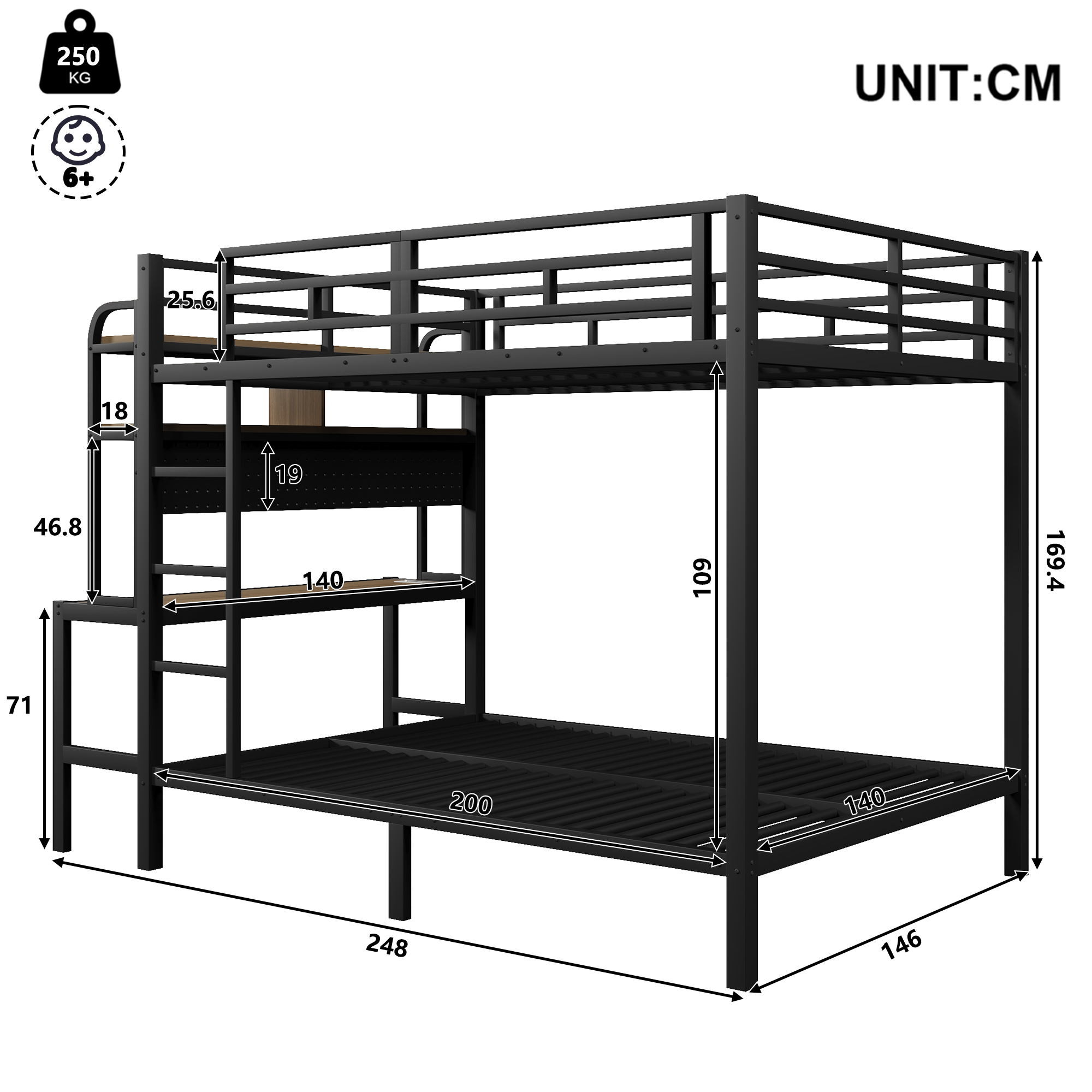 Lit 140 x 200 cm avec rangement, LED, USB Type-C, bureau intégré en métal noir - points forts 1