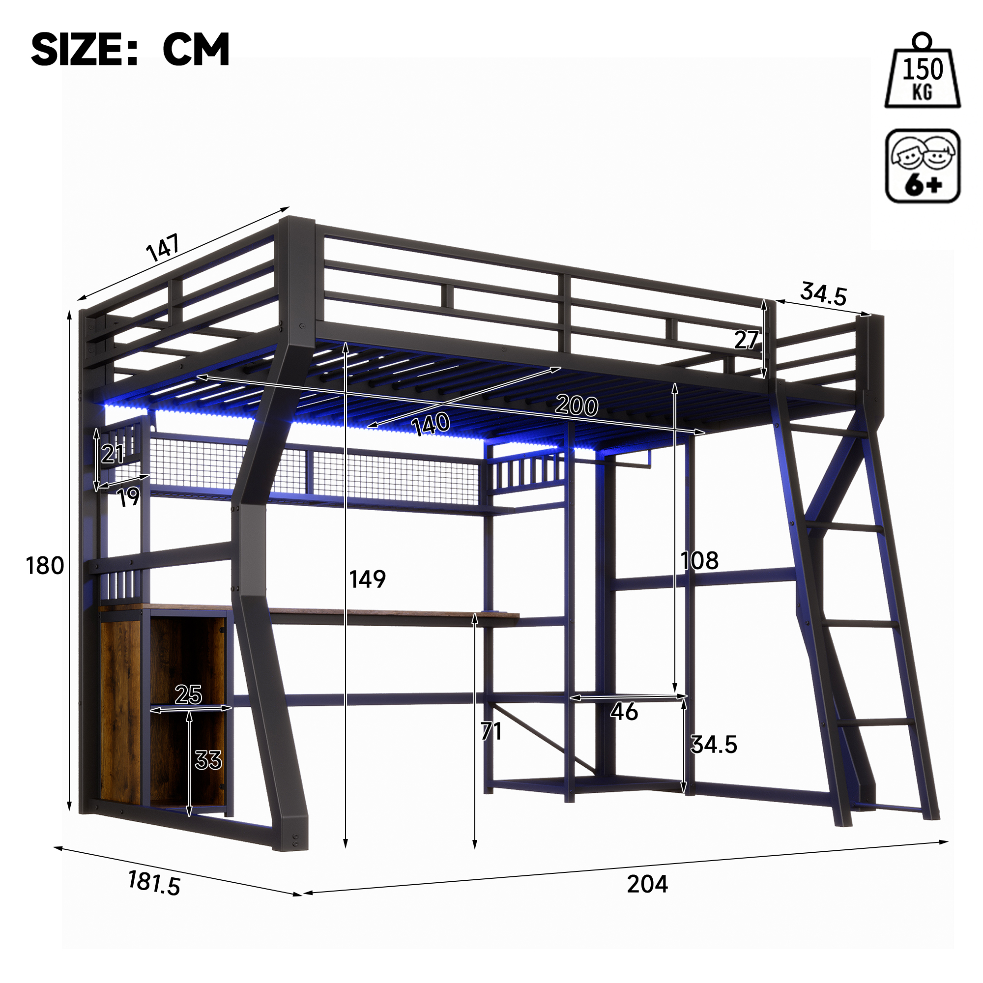 Dimensions lit mezzanine 140x200cm