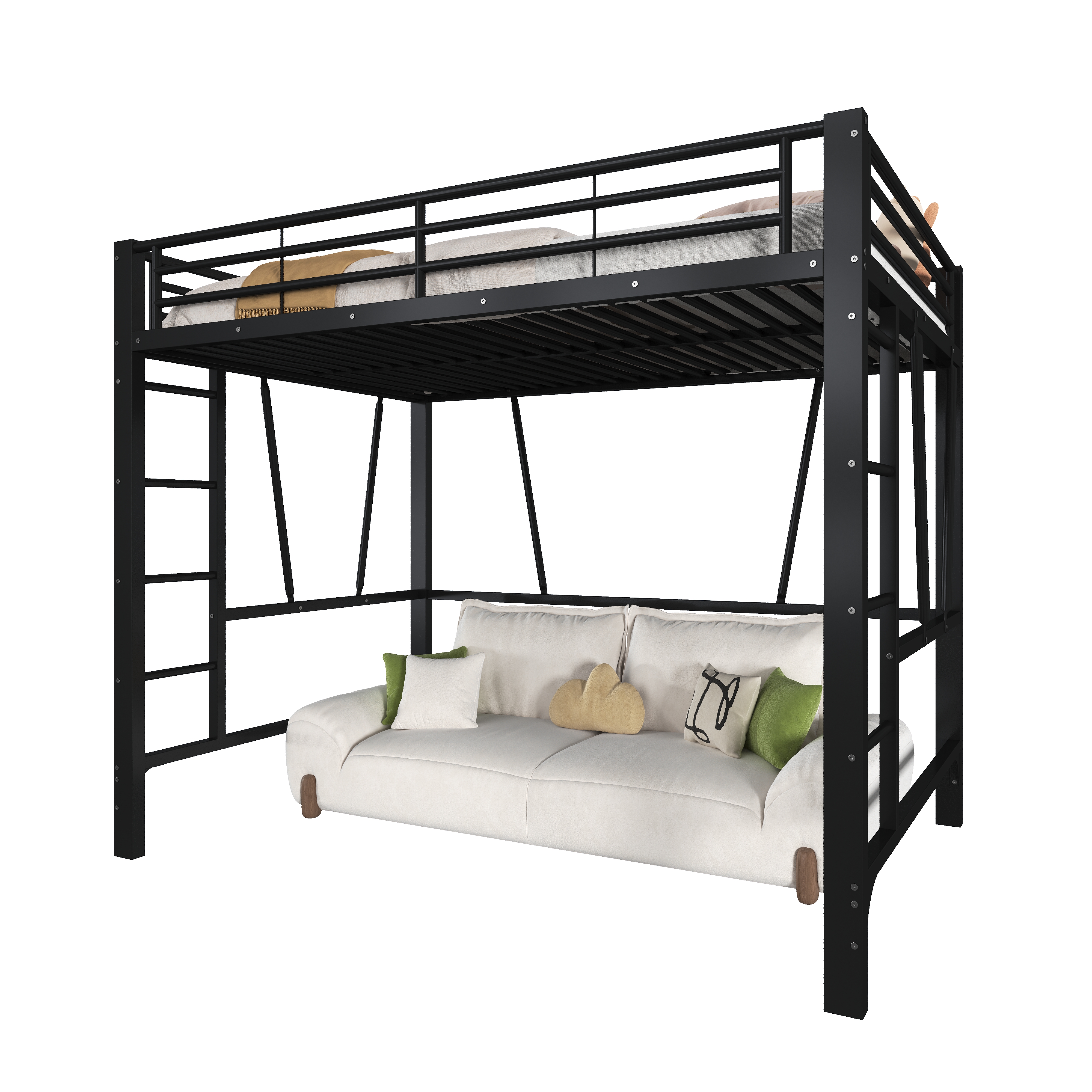 Détails de Lit mezzanine en métal 140 x 200 cm avec double échelle, rangements, espace inférieur ouvert et barrières de sécurité, Noir, sans matelas