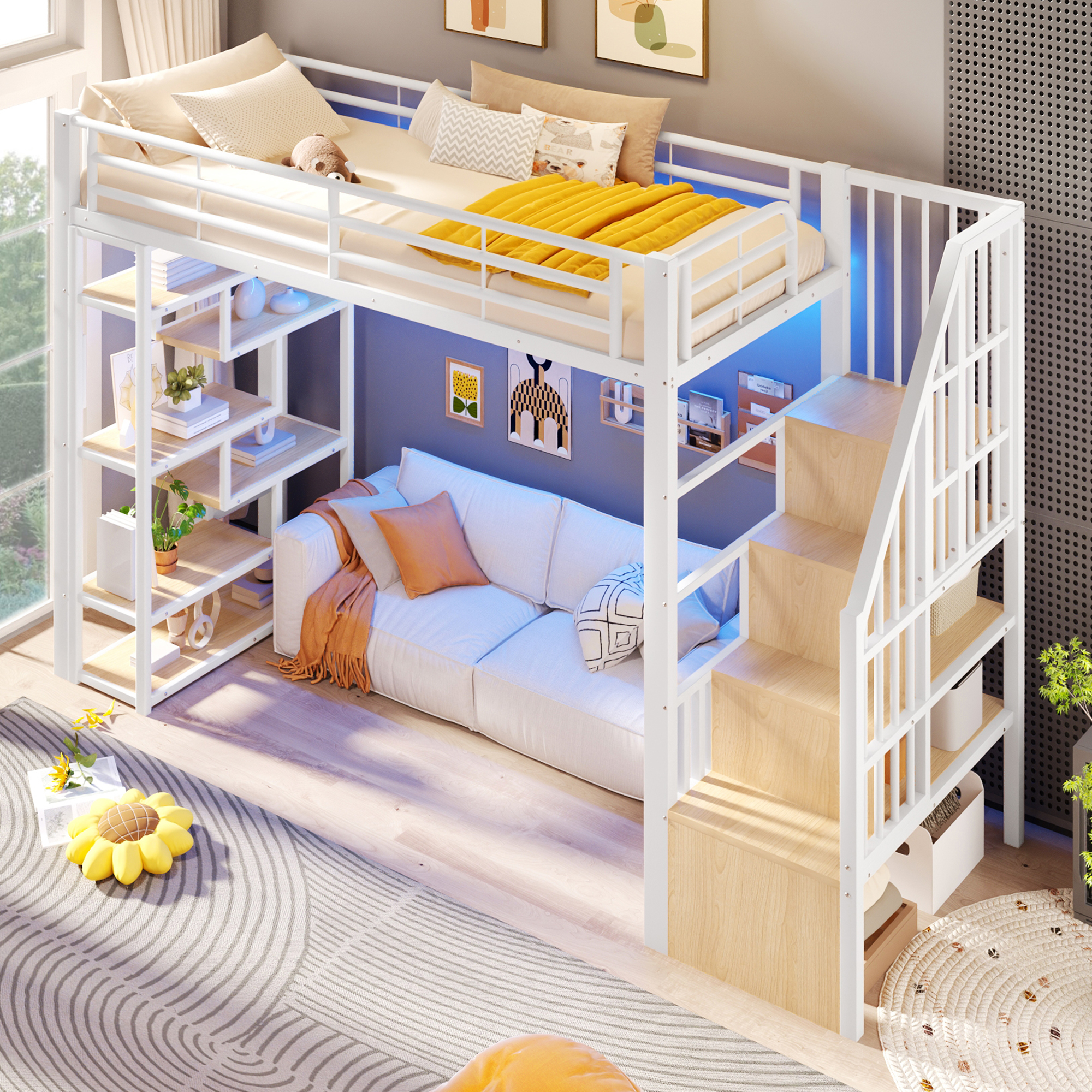 Lit mezzanine 90 x 200 cm, escalier, éclairage LED sous le couchage, garde-corps, rangements intégrés, métal et MDF, blanc, 252 x 95 x 170 cm - vue principale 1