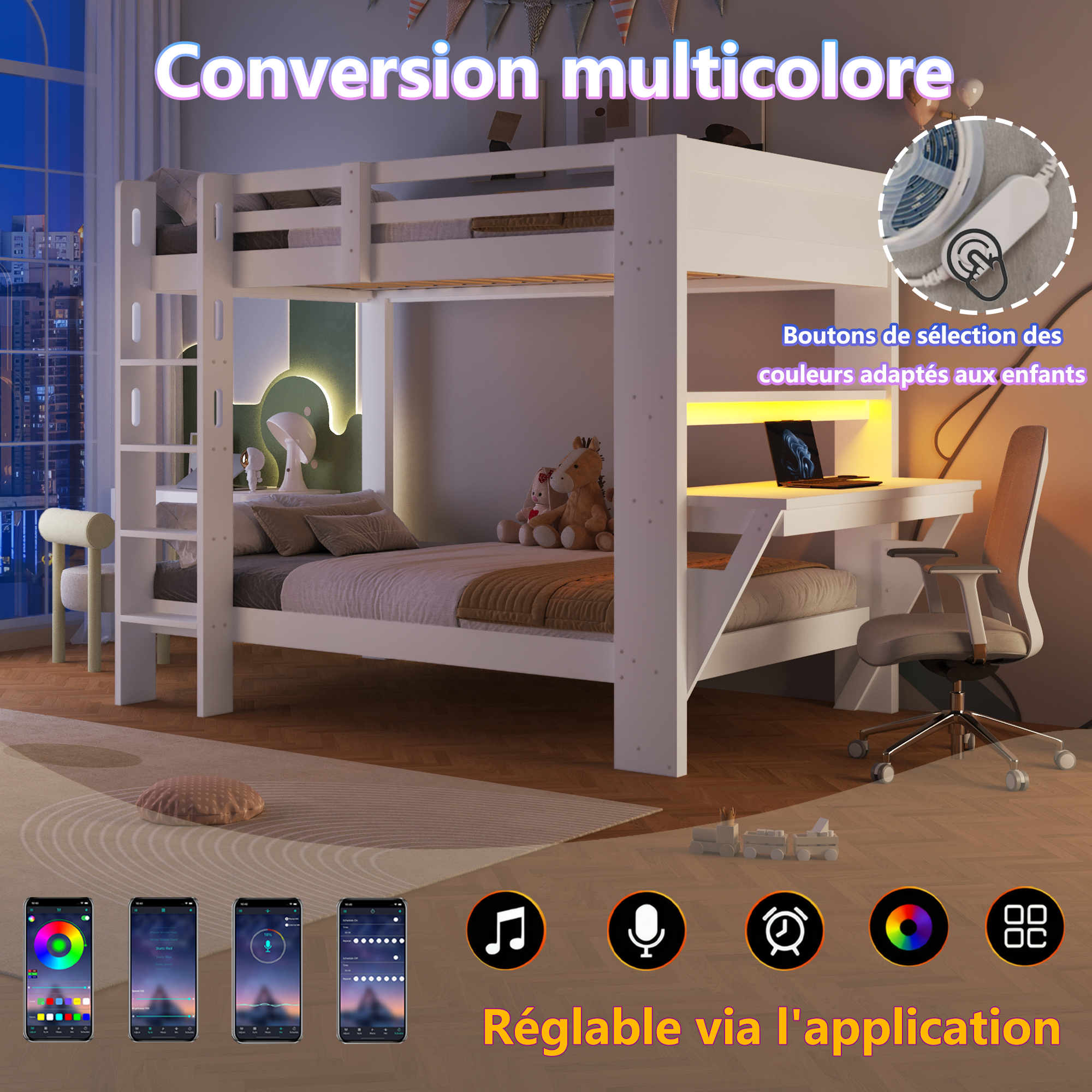 Lit mezzanine avec bureau – Structure en pin finition blanche