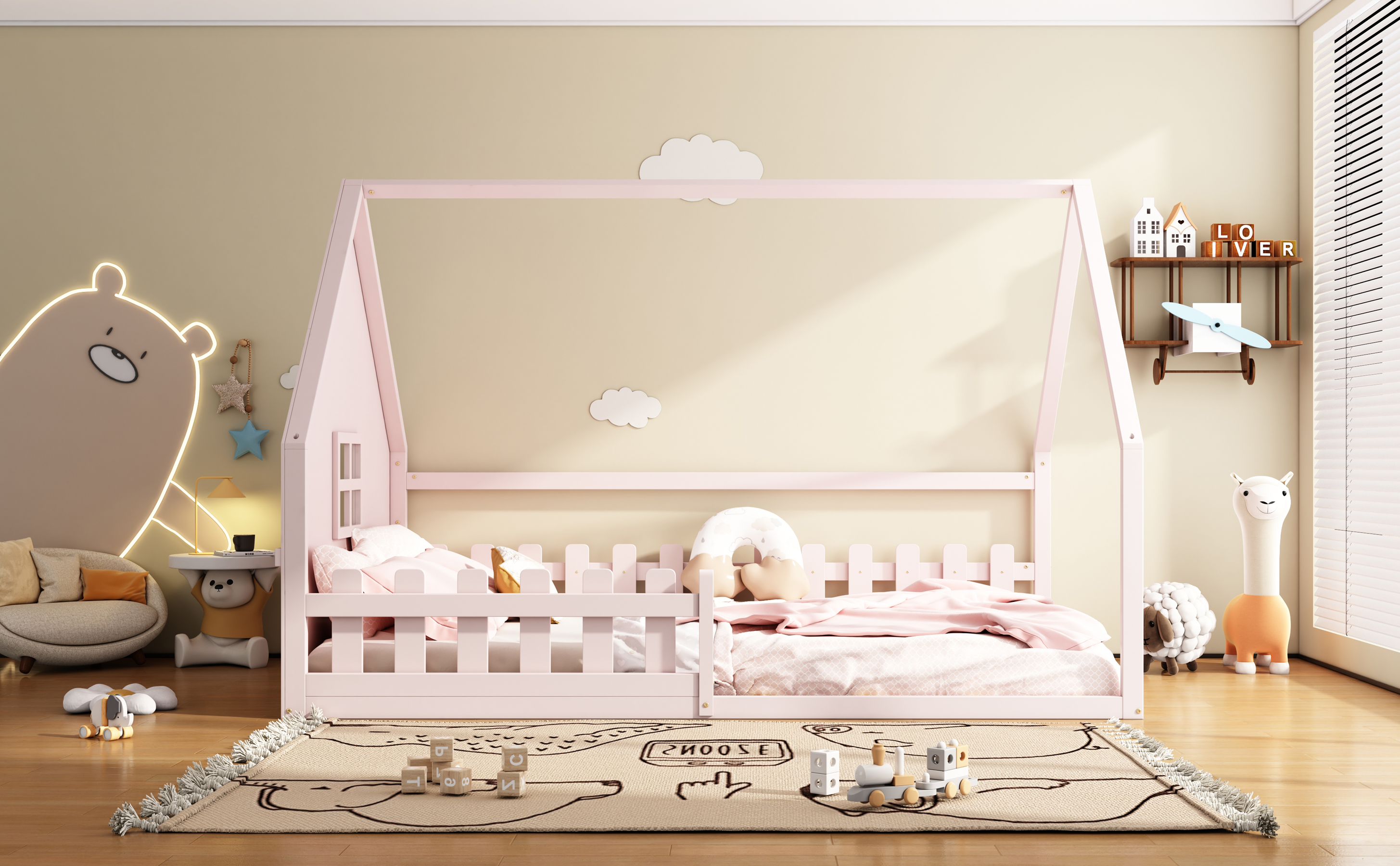Lit maison enfant en bois de pin et MDF avec desig - image 11