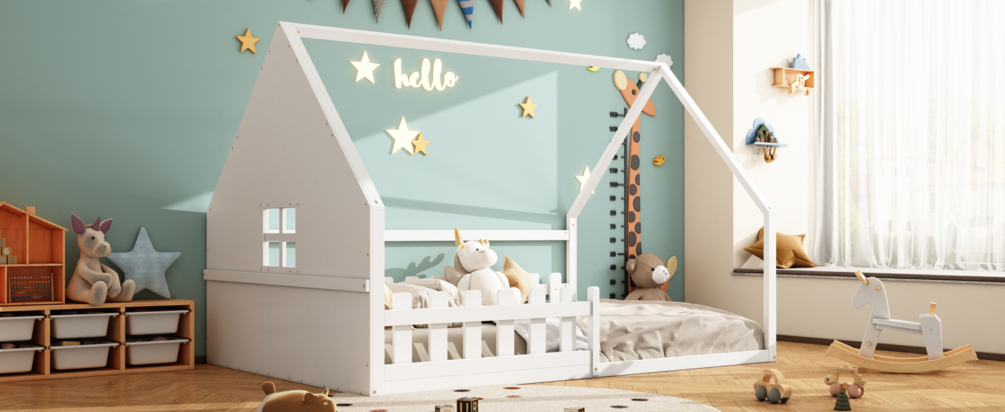 Lit enfant maison de rêve en pin et MDF, design maison miniature, pour chambre d'enfant, stimule imagination, construction stable, style naturel moderne, sécurité et amusement, espace de jeu unique - image 16