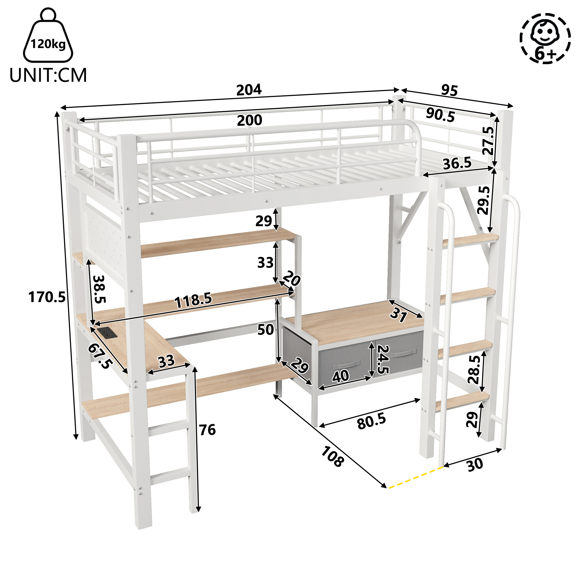 Lit mezzanine 90 x 200 cm avec éclairage LED, port USB / Type-C, prises intégrées, rangements intégrés, bureau intégré, blanc - vue complémentaire 1