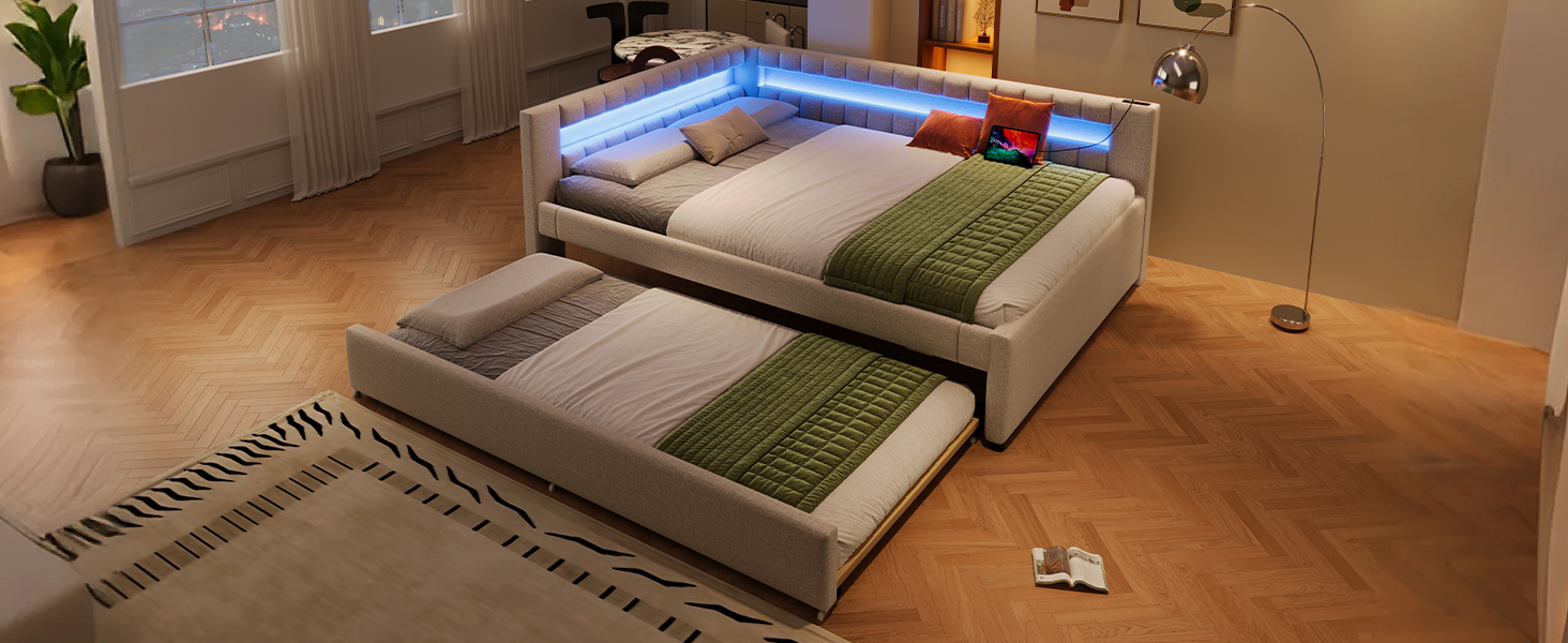Lit en lin et MDF avec LED contrôlable tactile/app, USB + Type-C, lit escamotable, pour chambre, ambiance romantique, recharge multiple, utilisation flexible, design moderne, confort et technologie, style élégant - image 19