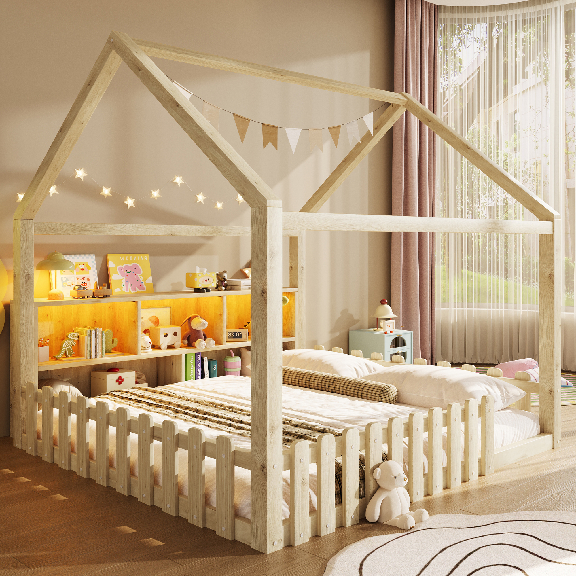 Lit Enfant Maison 140×190 cm – Design Cabane, LED et Rangement Intégré – Éclairage LED d’ambiance et atmosphère chaleureuse