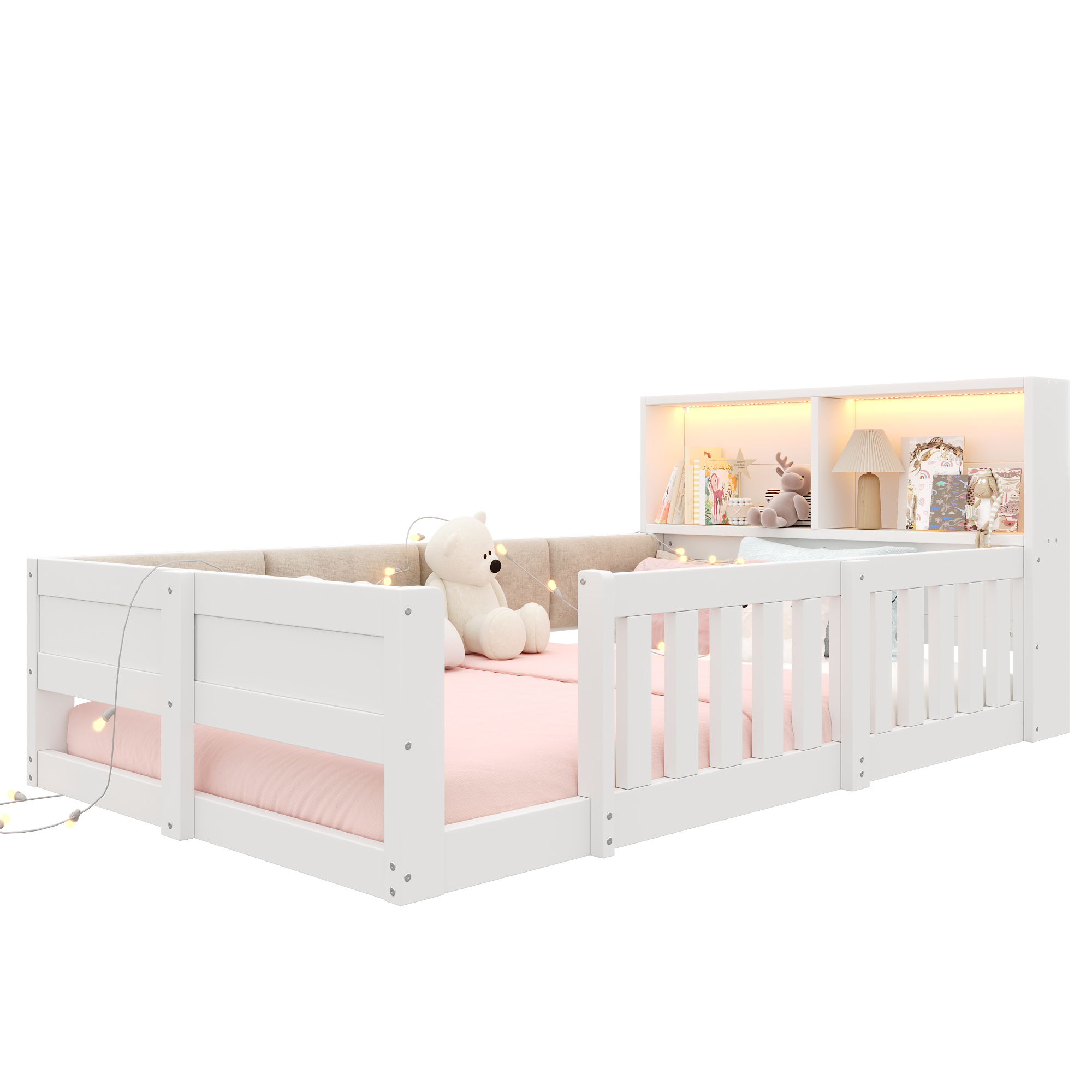 Détails de Lit enfant 90 x 200 cm avec LED et protection rembourrée, Blanc, sans matelas