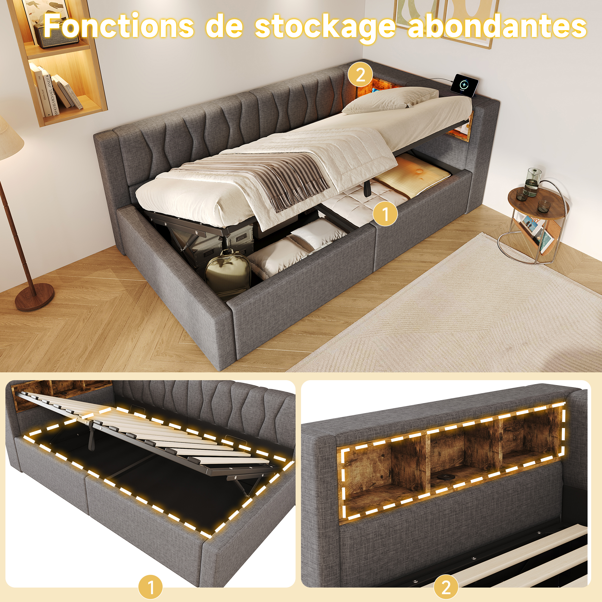 Présentation de Lit banquette rembourré en lin 90 x 200 cm avec rangement hydraulique, LED et ports USB-C, Gris, sans matelas