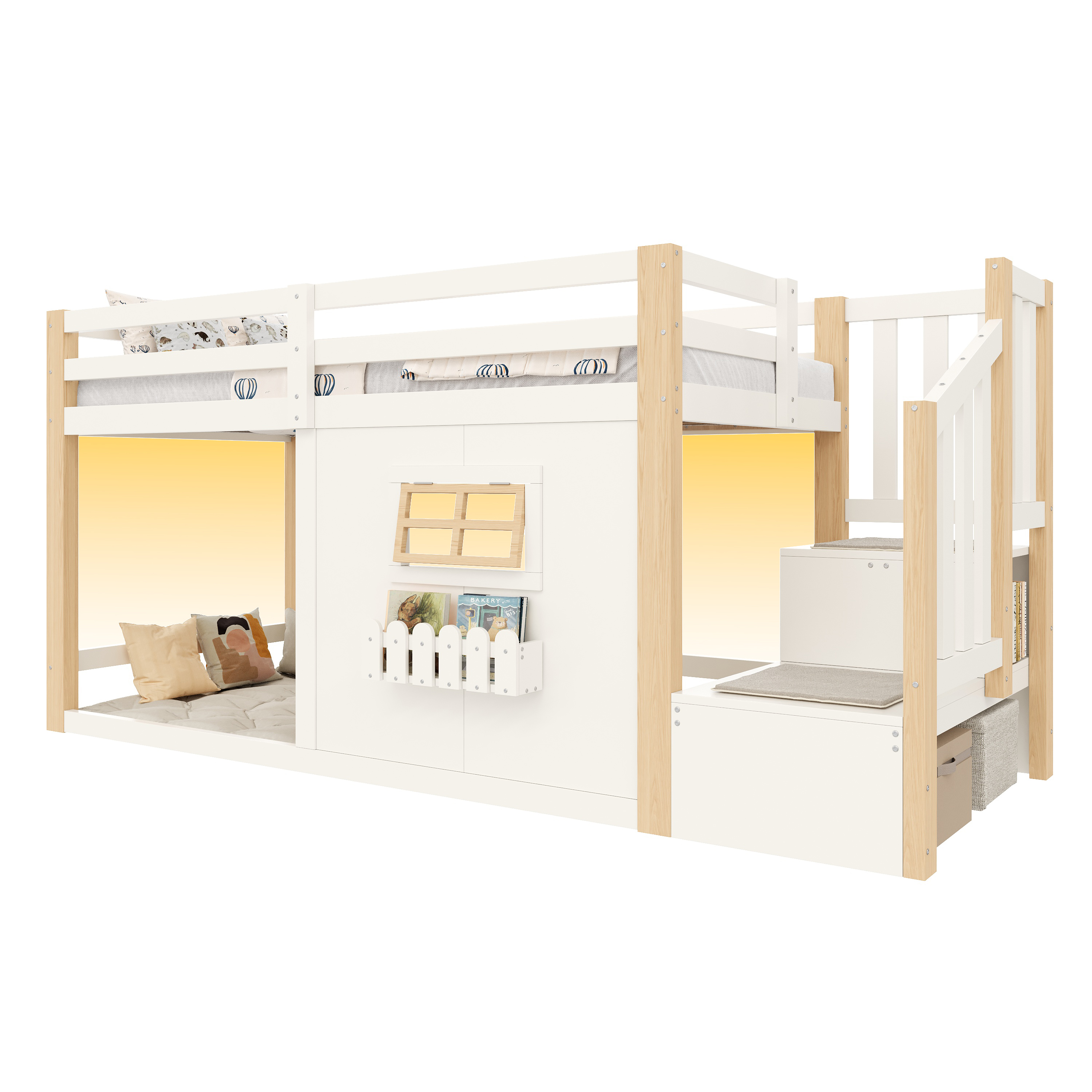 Détails de Lit mezzanine en bois 90 x 200 cm avec éclairage LED, escalier avec rangements et barrières de sécurité, Blanc, sans matelas