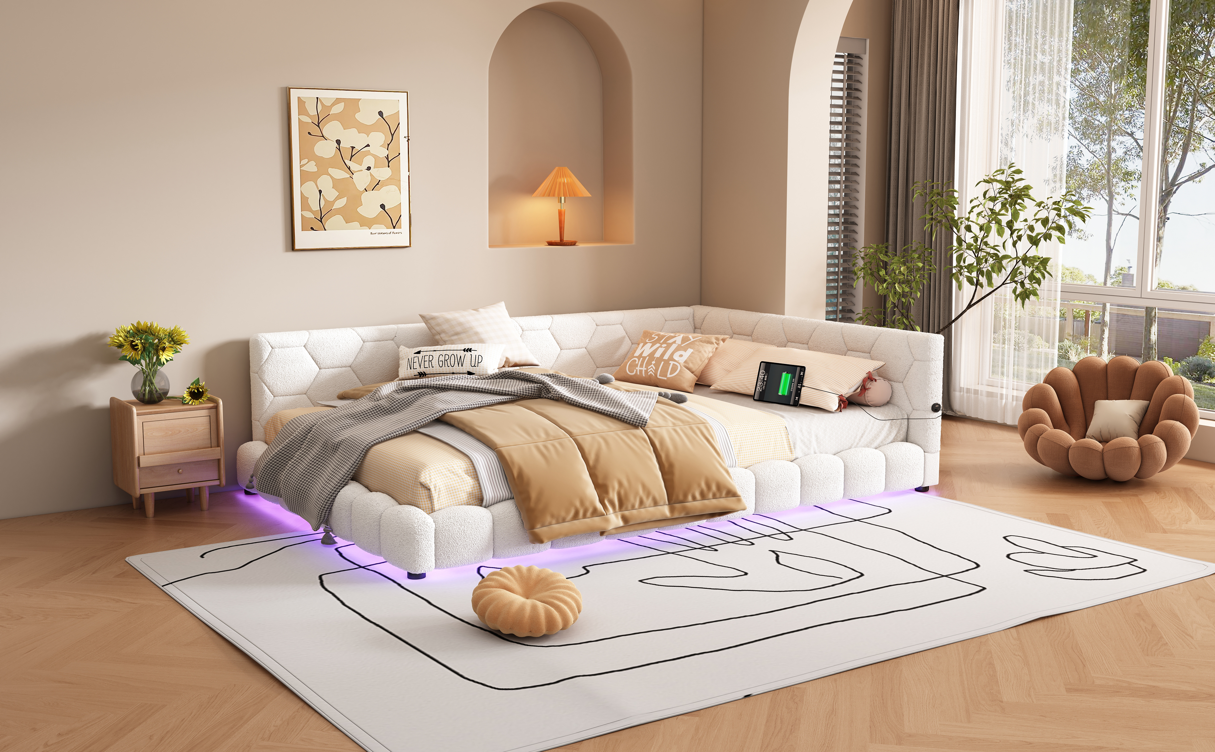 Lit avec LED 16 couleurs contrôlable app, USB + Type-C, velours imitation, MDF, pour chambre, ambiance romantique, recharge multiple, design moderne, confort et technologie, style fonctionnel élégant - image 16