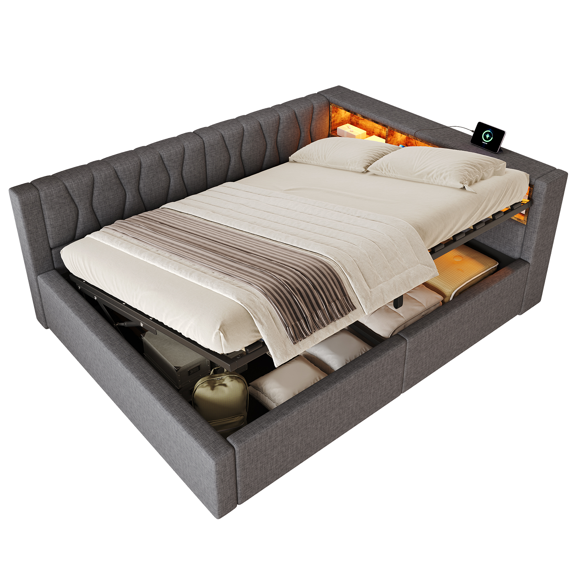 Détails de Lit banquette rembourré en lin 140 x 200 cm avec rangement hydraulique, LED et ports USB-C, Gris, sans matelas