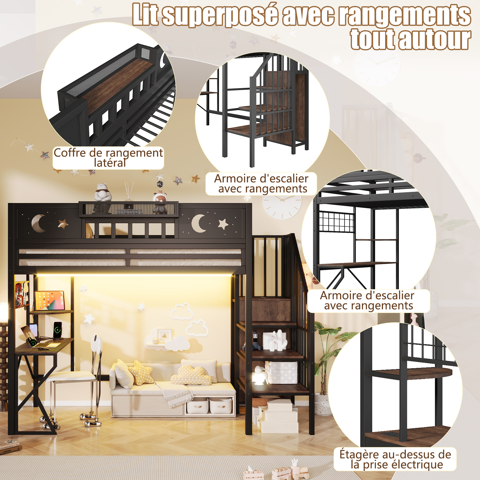 Lit mezzanine 90 x 200 cm, bureau intégré, échelle, éclairage LED au niveau du bureau, prise intégrée, métal et MDF, noir, 255 x 109 x 187 cm - points forts 1