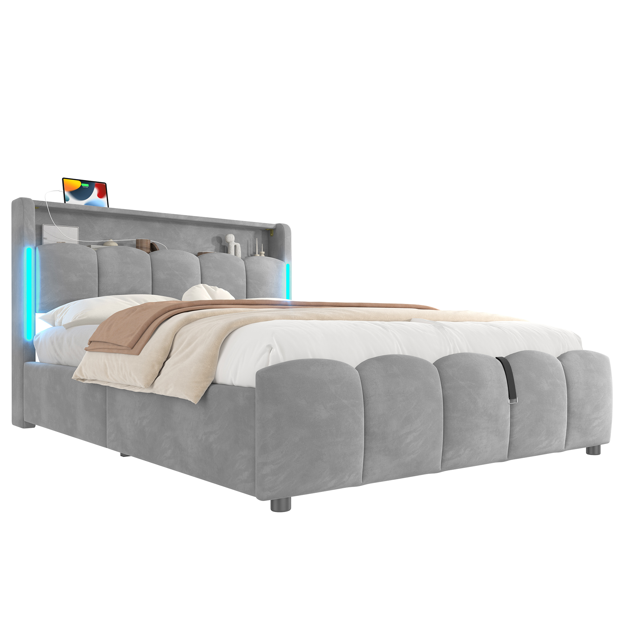Détails de Lit coffre rembourré en velours 140 x 200 cm avec rangement hydraulique, LED, ports USB-C et tête de lit avec rangement, Gris, sans matelas
