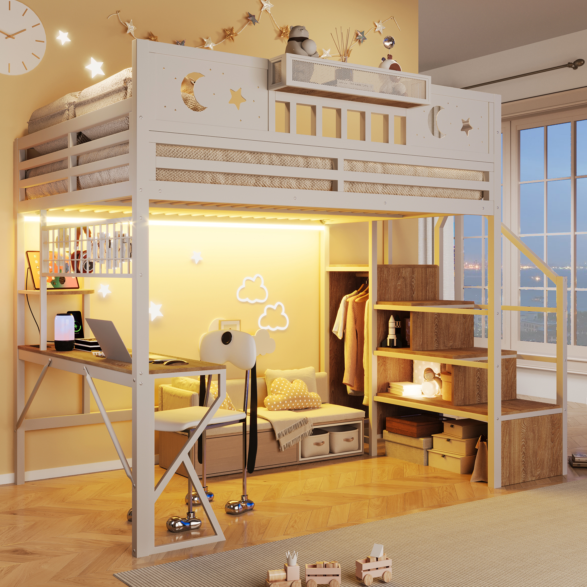 Lit mezzanine 140 x 200 cm, bureau intégré, échelle, éclairage LED au niveau du bureau, prise intégrée, métal et MDF, blanc, 255 x 159 x 187 cm - vue principale 1